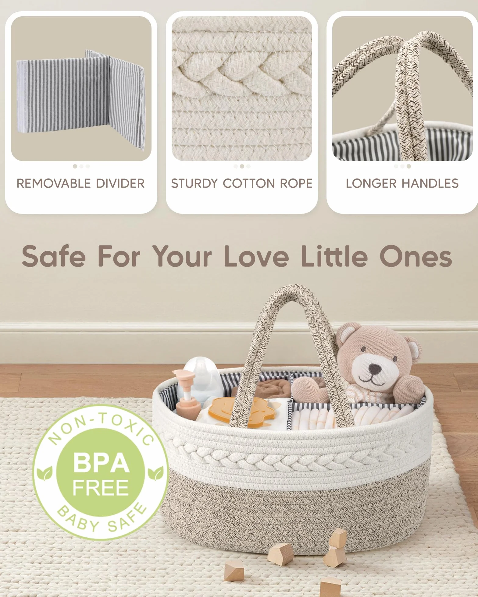 Maliton Panier Rangement Bébé avec Compartiments en Corde Coton pour Nouveau-né