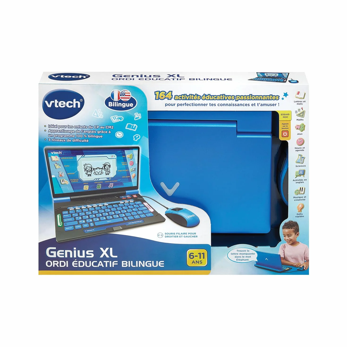 VTech Genius XL Ordi Éducatif Bilingue Bleu Ordinateur Enfant avec Écran LCD Clavier AZERTY Souris 164 Jeux Éducatifs CP CM2 Cadeau Enfant 6 Ans Français Anglais