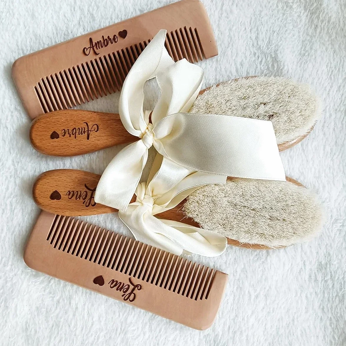Brosse À Cheveux Bébé Personnalisée En Laine, Peigne En Bois Portable, Brosse De Bain Pour Nouveau-né