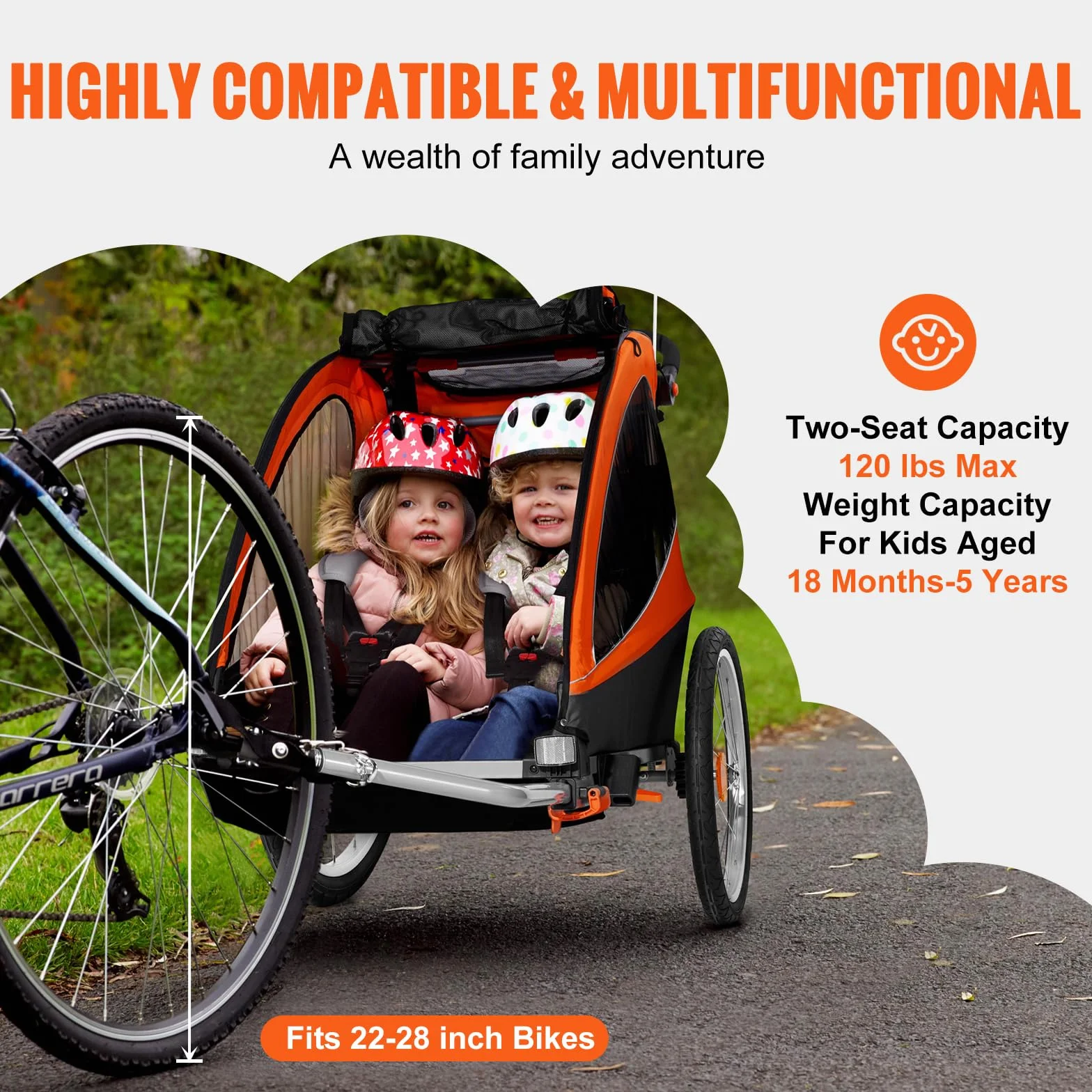 VEVOR Remorque de vélo pour Enfants Double Siège 55 kg 2en1 Pliable Poussette Orange Gris