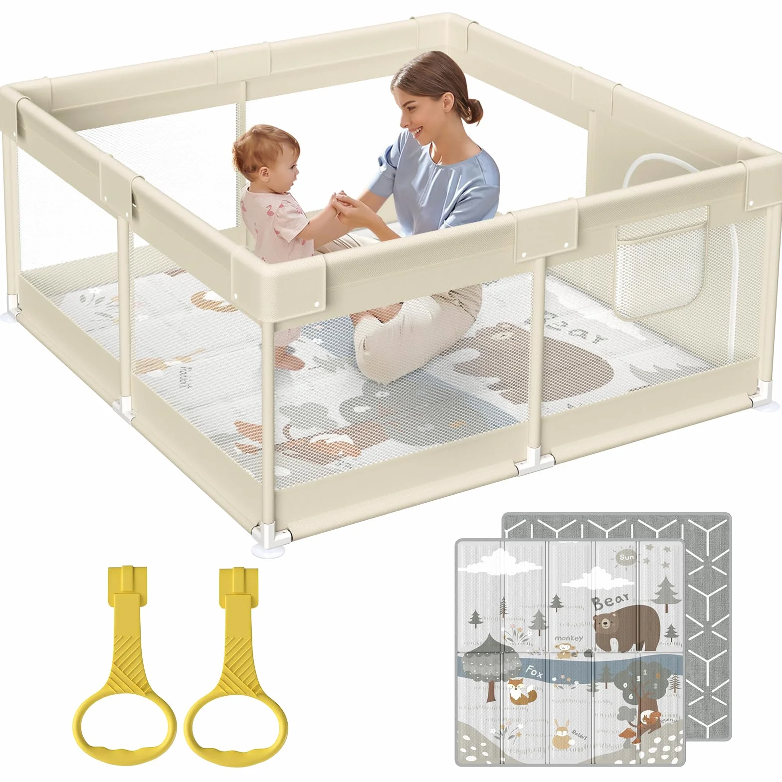Fodoss Parc Bébé 120x120cm Avec Tapis et Matelas pour Enfant en Bas Âge
