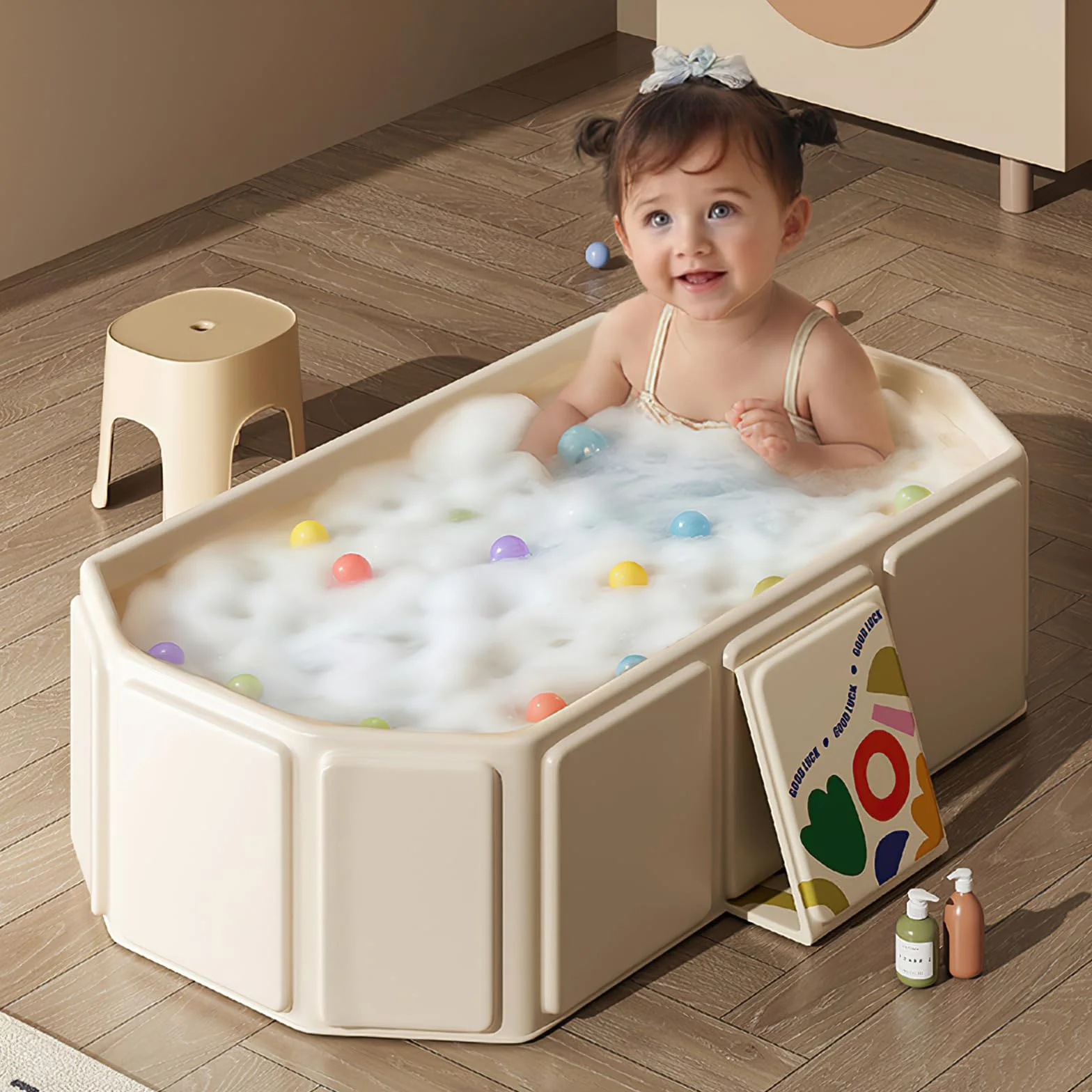 Baignoire pliable bébé pour enfants 0-8 ans avec bouchon de vidange, Beige