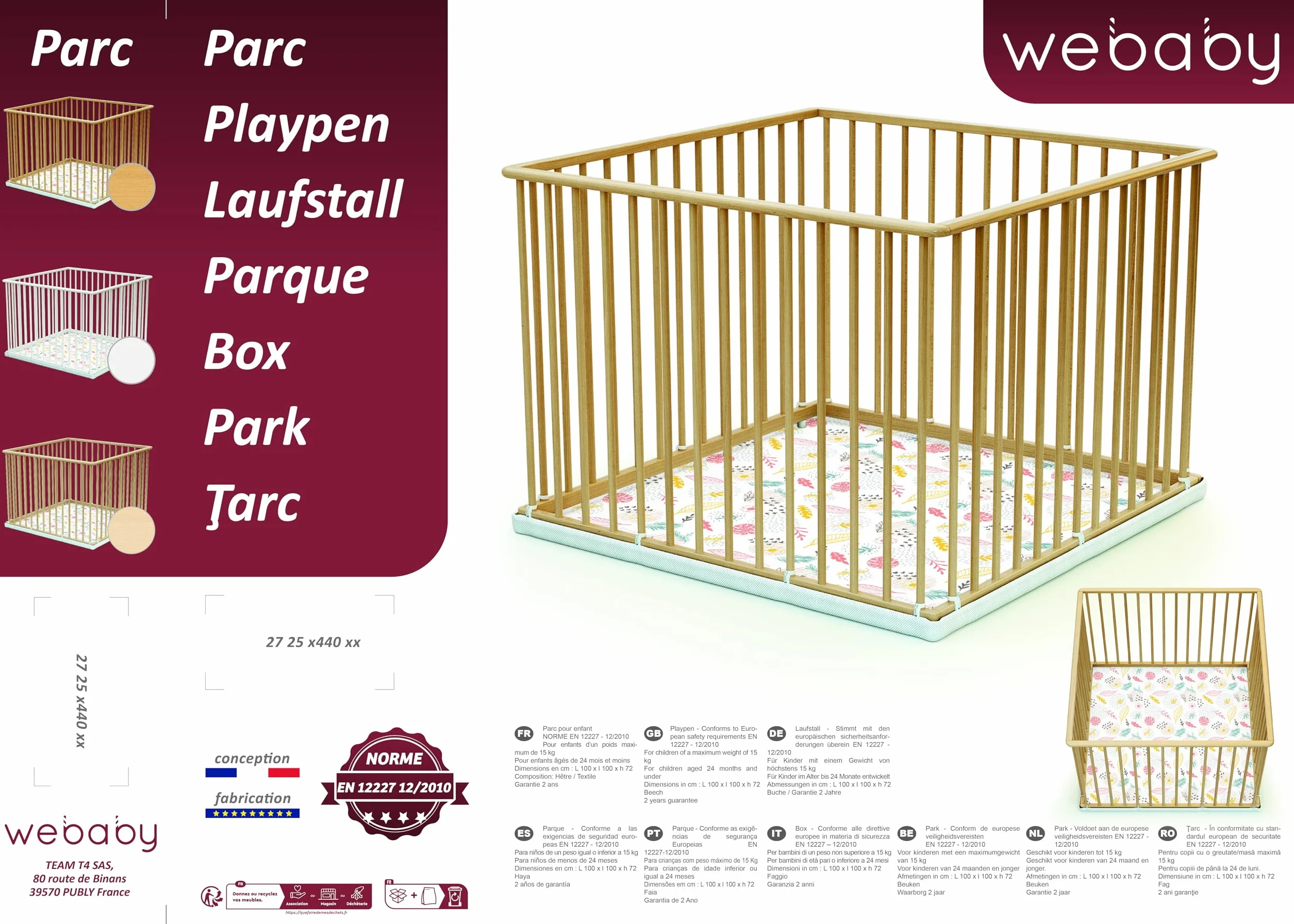 Parc bébé en bois 100 x 100 cm Beige