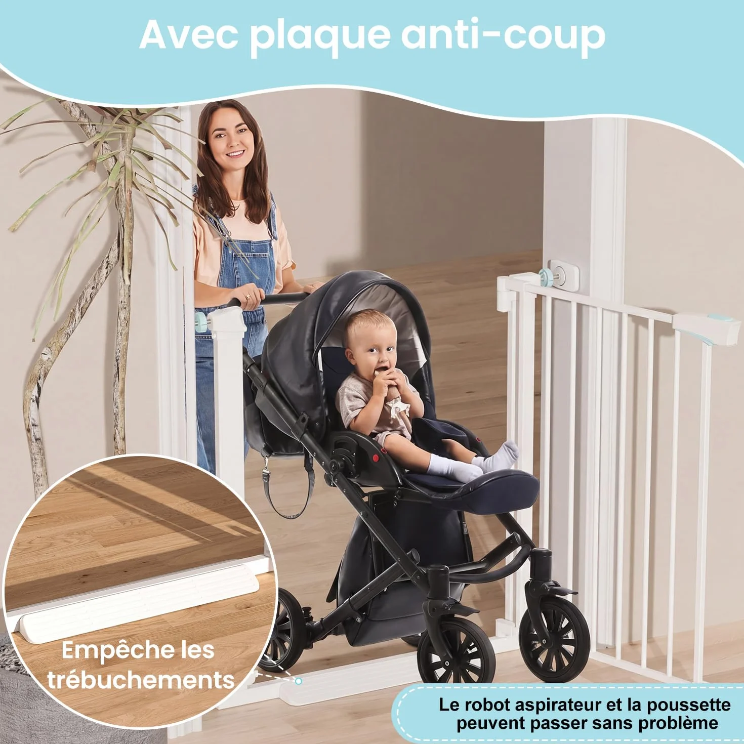YEAUPE PRO Barrière de Sécurité Enfant 74-78 cm, Barrière Escaliers Portes Pression, Double Verrouillage, Blanc