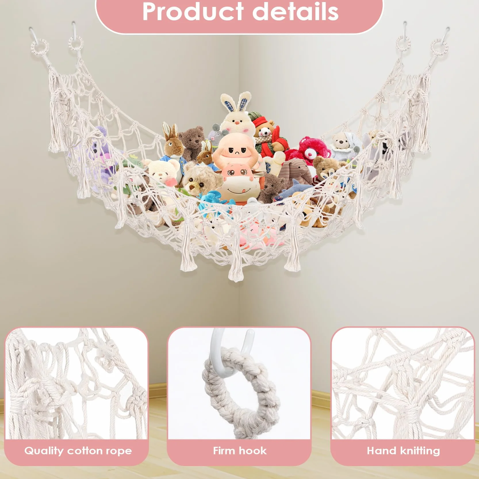 Hamac Carré en Macramé Bohème pour Animaux en Peluche, Filet de Rangement Mural en Coton, Blanc