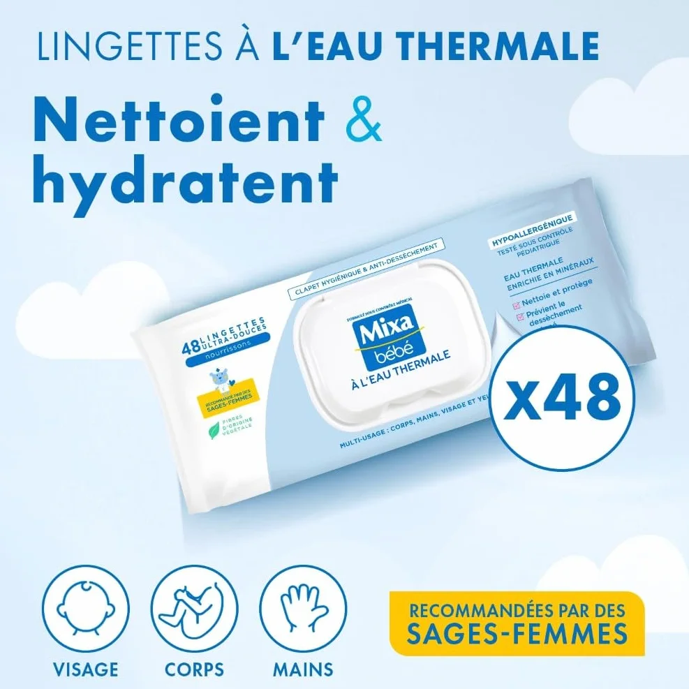 Mixa Lingettes Bébé à L'eau Thermale, Lot de 4 x 48, Hypoallergéniques