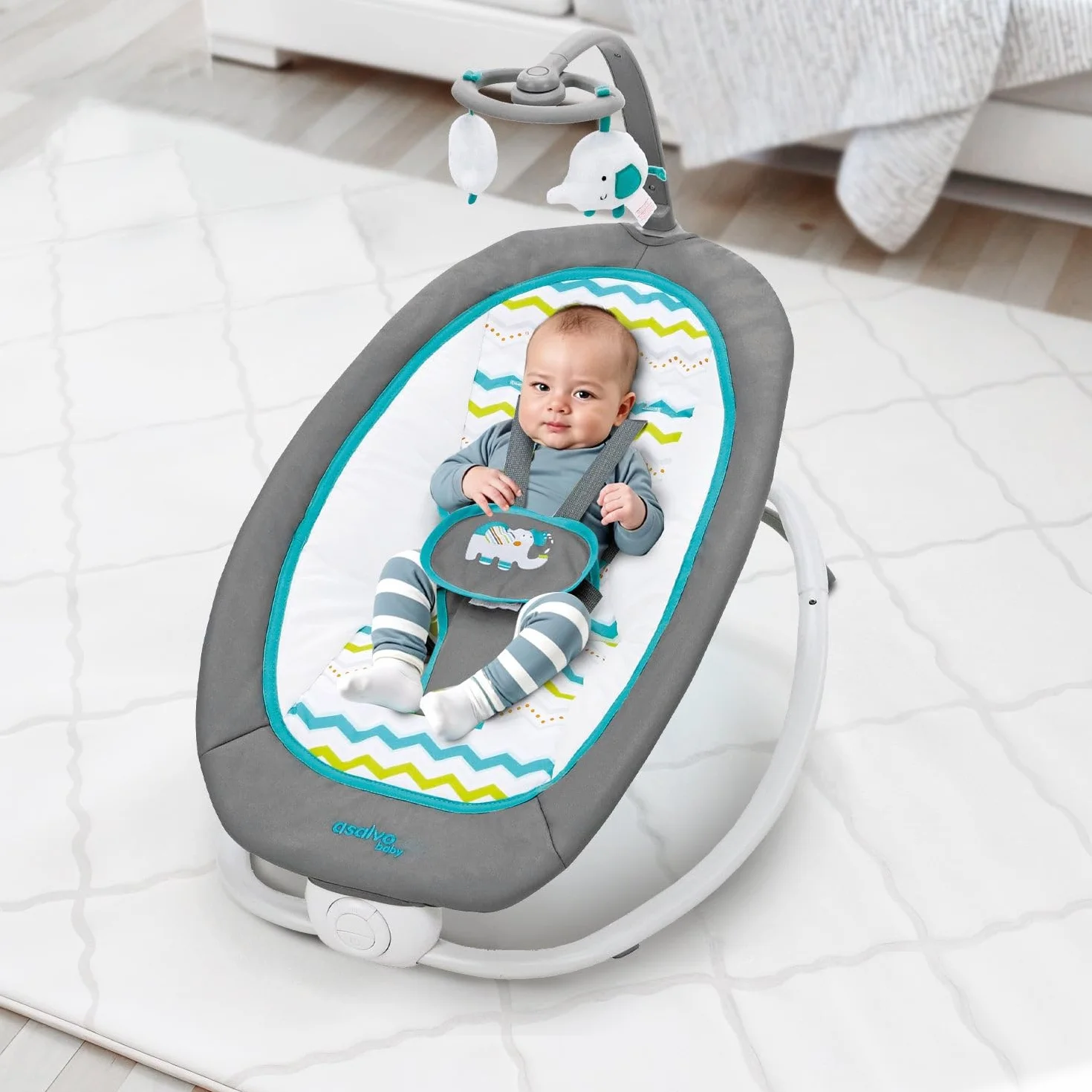 Asalvo Hamac éléphant bébé pliable 4 positions musique vibration harnais 5 points charge max 9 kg Gris Aqua