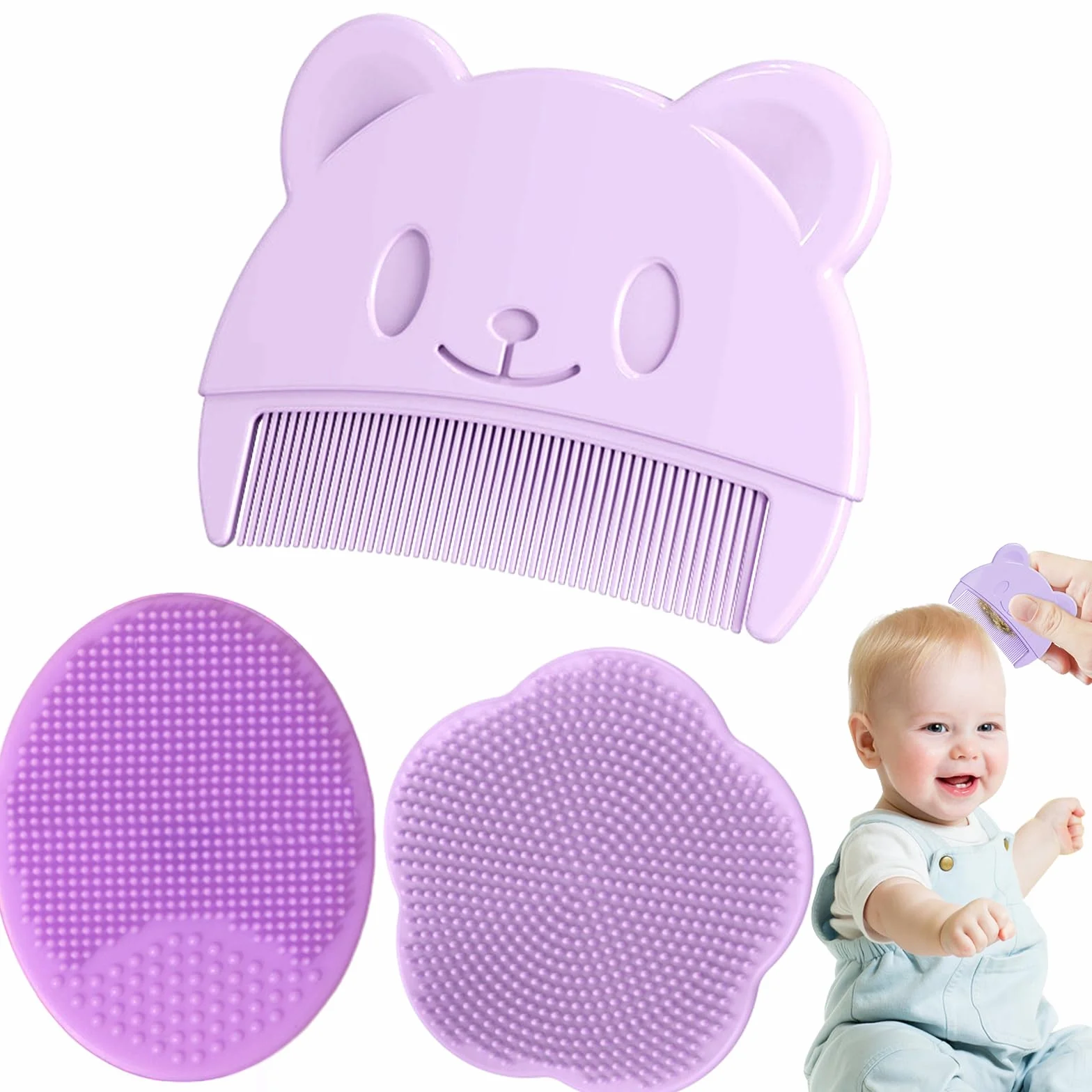 DALAETUS 3 Pièces Peigne pour Bébé, Brosse à Cheveux en Silicone avec Brosse Ovale et Fleurie pour Nouveaux Nés