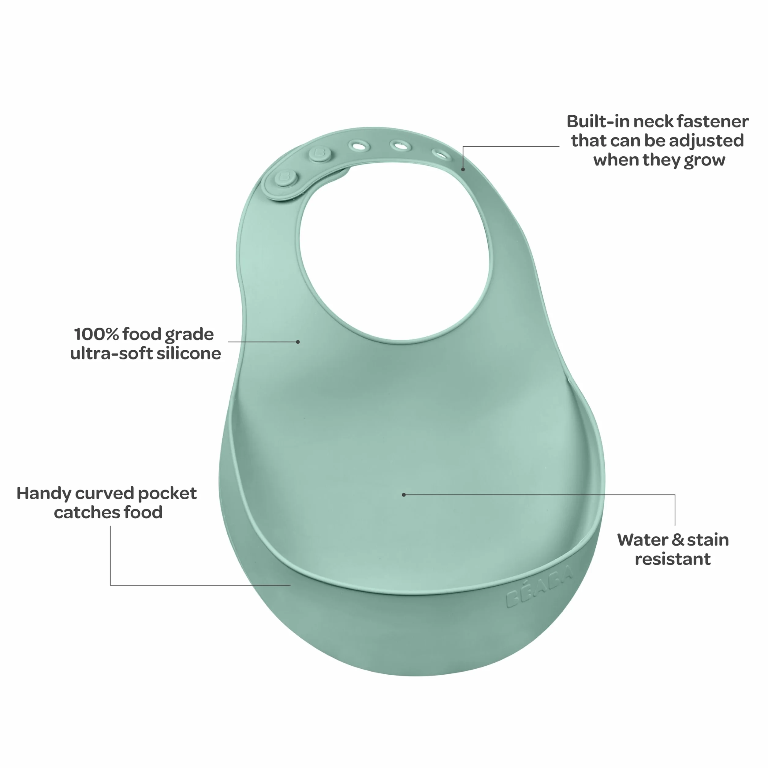BÉABA Bavoir Bébé Silicone Imperméable Tour de cou ajustable Poche rattrape aliments Vert Sauge