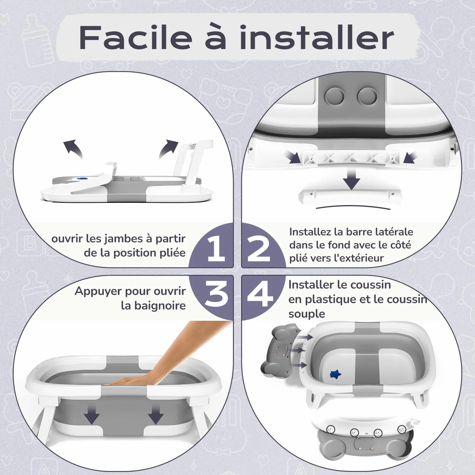 COOSEYA Baignoire Pliable pour Bébé, Grise, Inclut Coussin de Bain, Bouchon d'Évacuation
