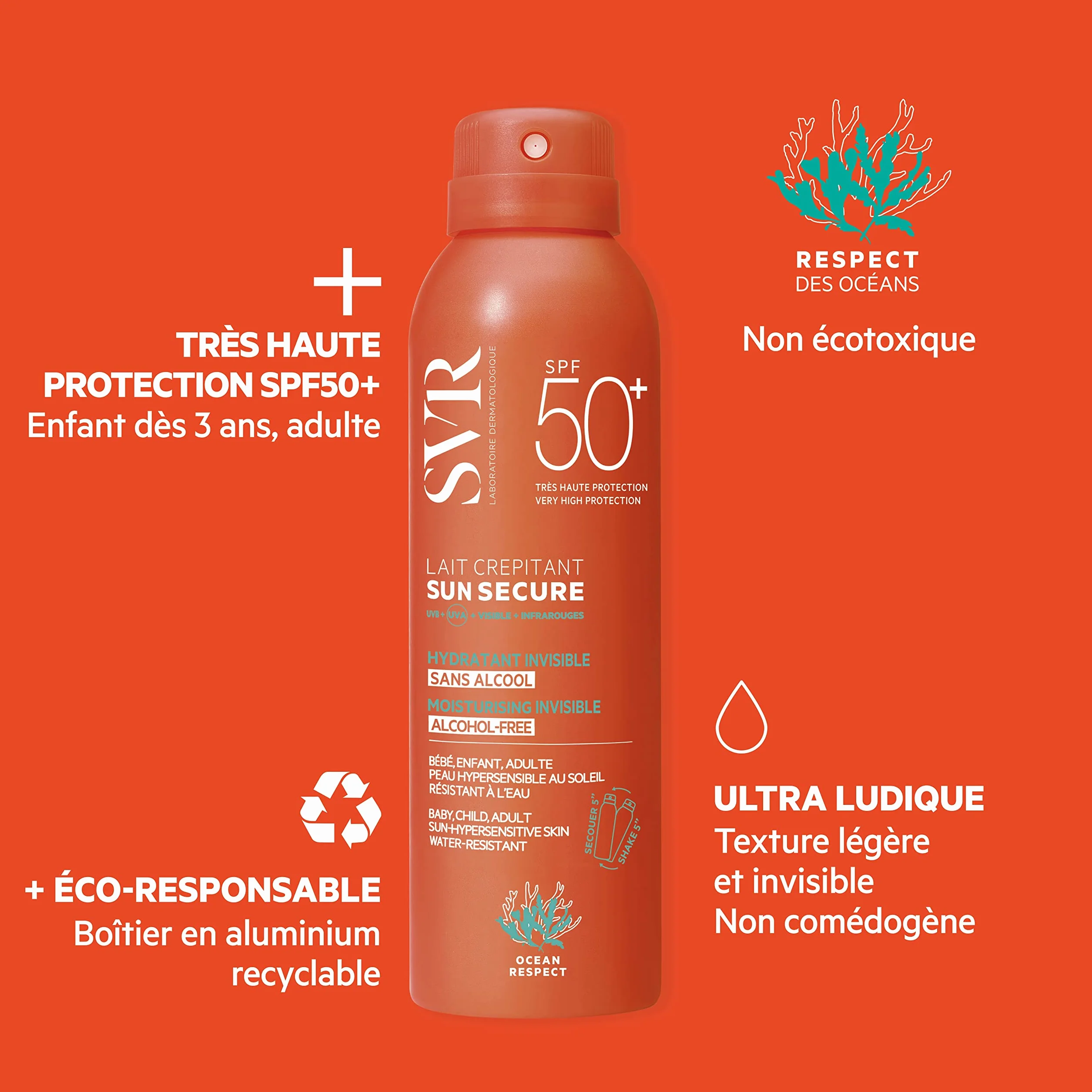 SVR Sun Secure Lait Crépitant SPF50+ Lait solaire hydratant invisible Très haute protection UVA UVB 200 ml