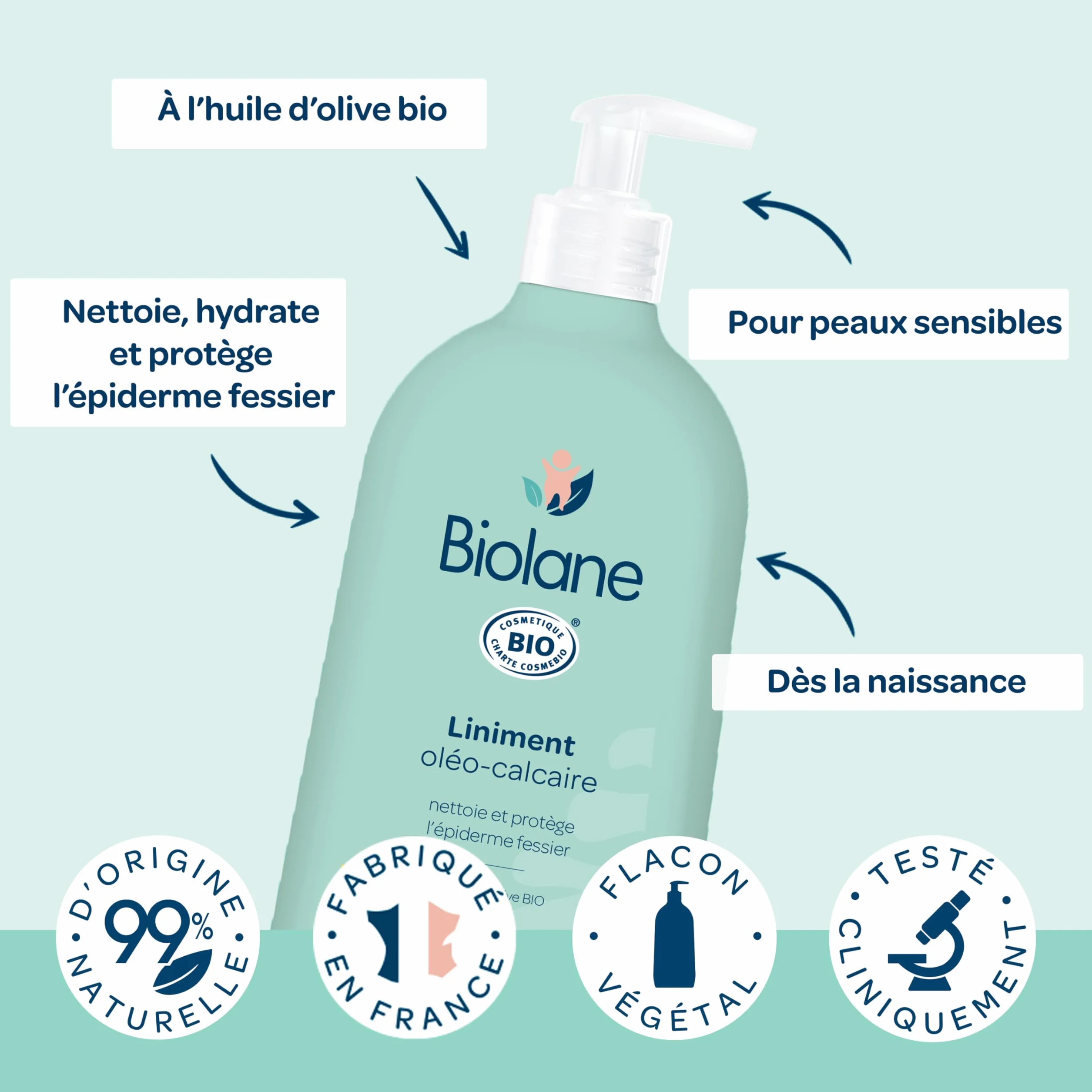 BIOLANE Liniment Bio oléo-calcaire Bébé 500ml Nettoyant sans rinçage 99% Origine naturelle Peaux Sensibles Fabriqué en France