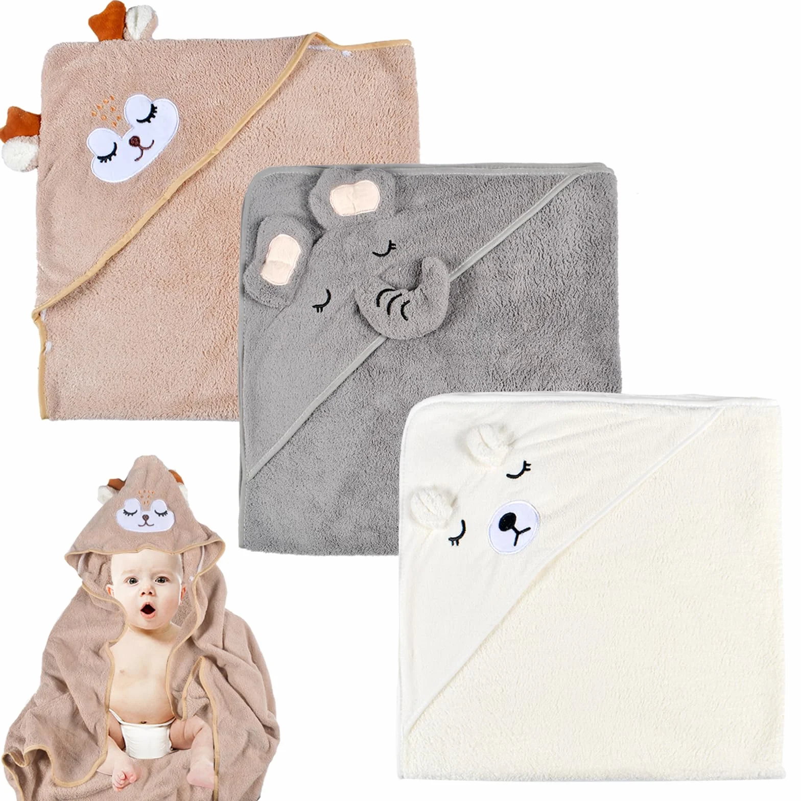 Forhome Serviette de Bain à Capuche pour Bébé 3 pièces Bambou Super Absorbante