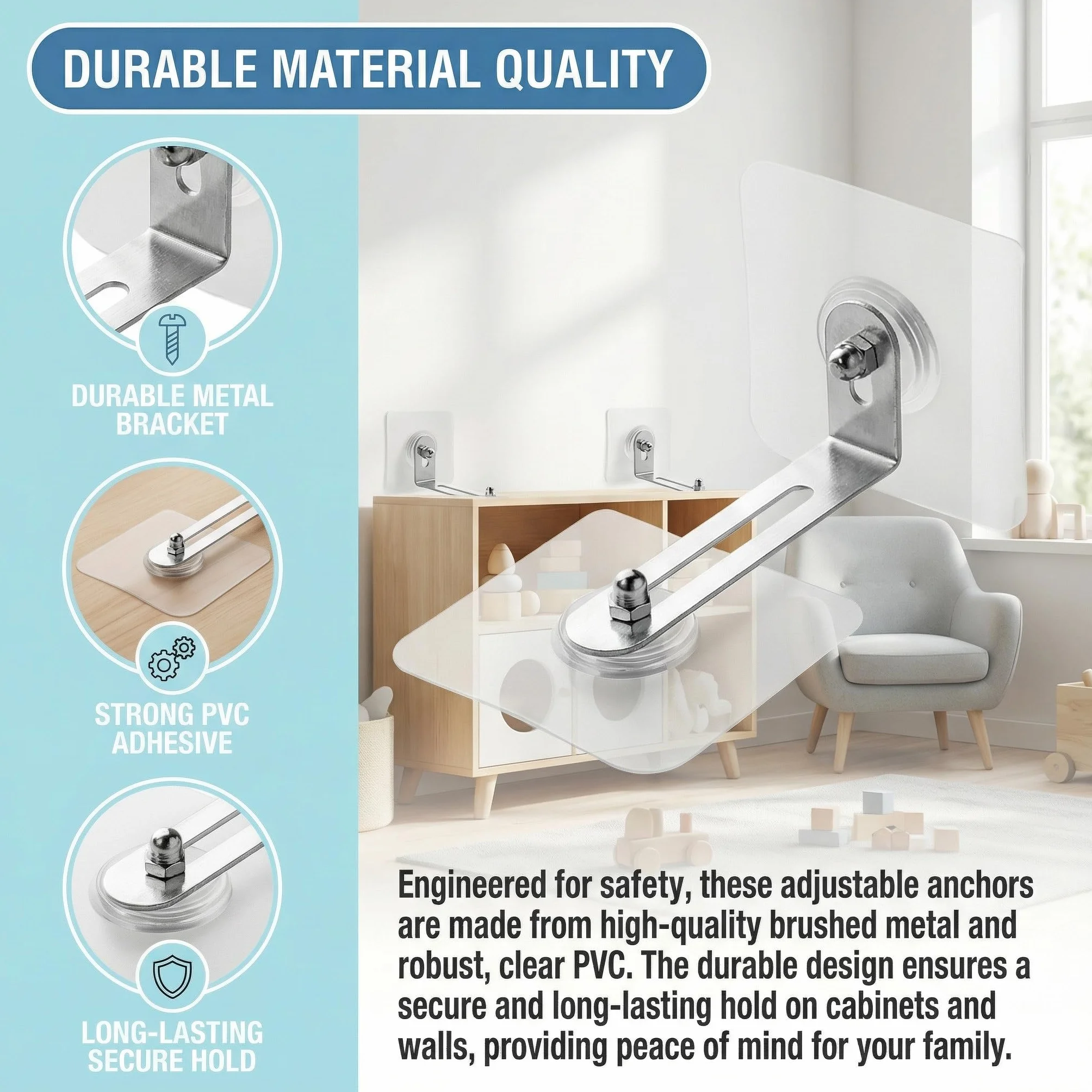 Ancrage de Sécurité de Meuble 4 Pièces Anti Basculement Sans Percage pour Protection Bébés Animaux Fixation Murale
