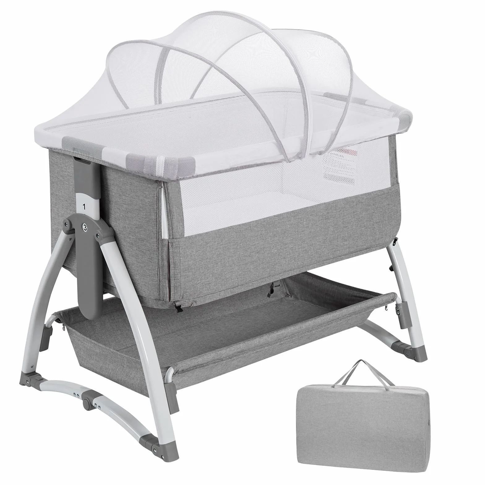 Lit Bébé Évolutif 3 en 1 Convertible Cododo avec Moustiquaire, Matelas, Bascule, 7 Hauteurs Réglables, 0-36 Mois