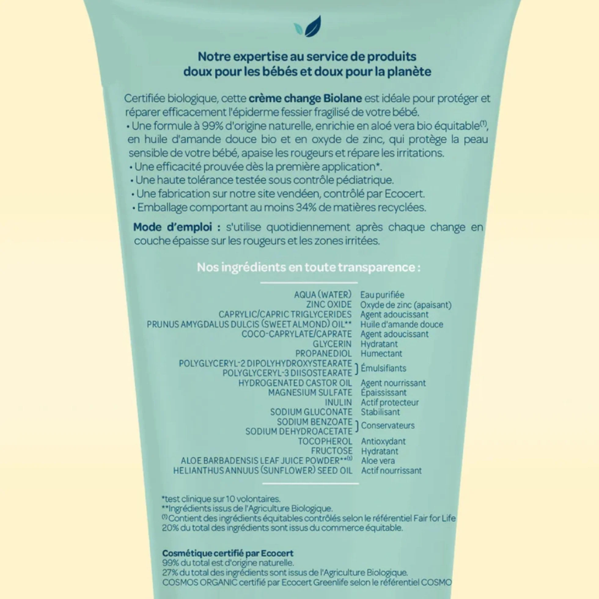 BIOLANE Creme de change Certifié BIO Soulage Répare Irritations rougeurs siège Bébé Ingrédients origine naturelle Fabriqué France