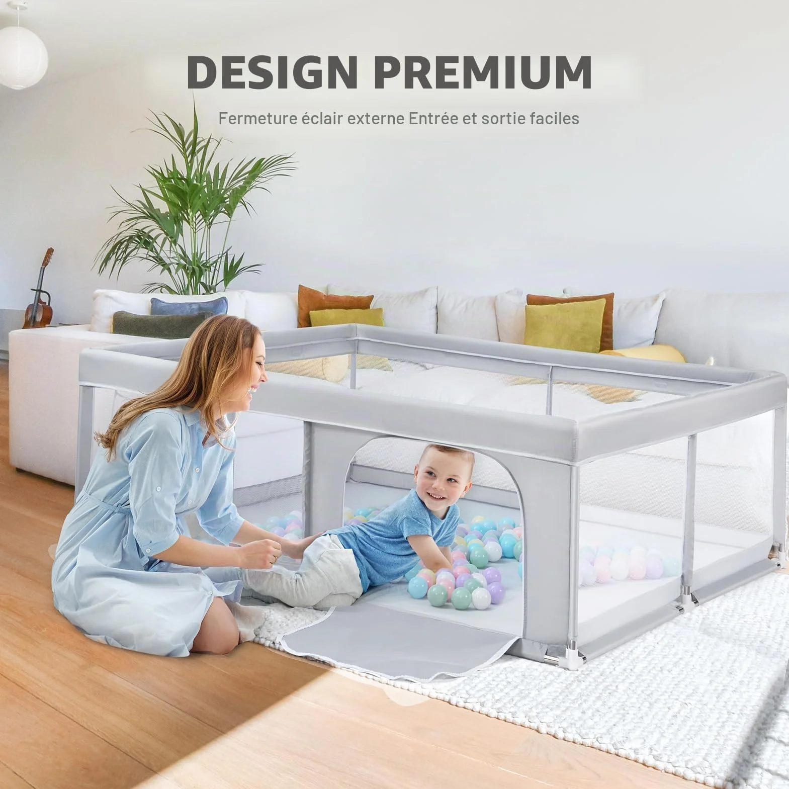 Grand Parc pour Bébé BEJOY XXL 180x200cm Protection Mousse Antidérapant Porte Fermeture Éclair Ronde Maille Respirante