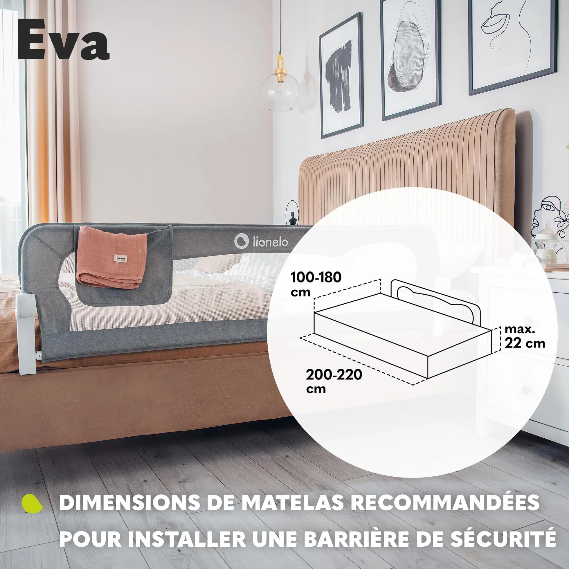 Lionelo Eva Barrière de Lit 150cm x 42cm Pliage 180° Anti-Chute Ceintures Sécurité Cadre Métal Pliable Beige