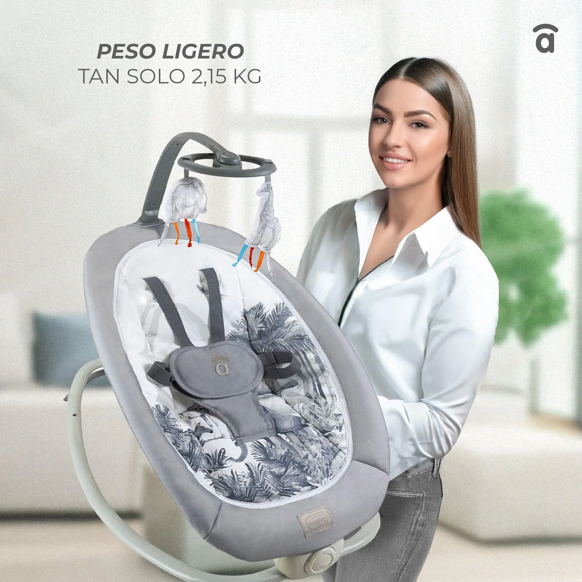 Asalvo Hamac éléphant bébé pliable 4 positions musique vibration harnais 5 points charge max 9 kg Gris Aqua