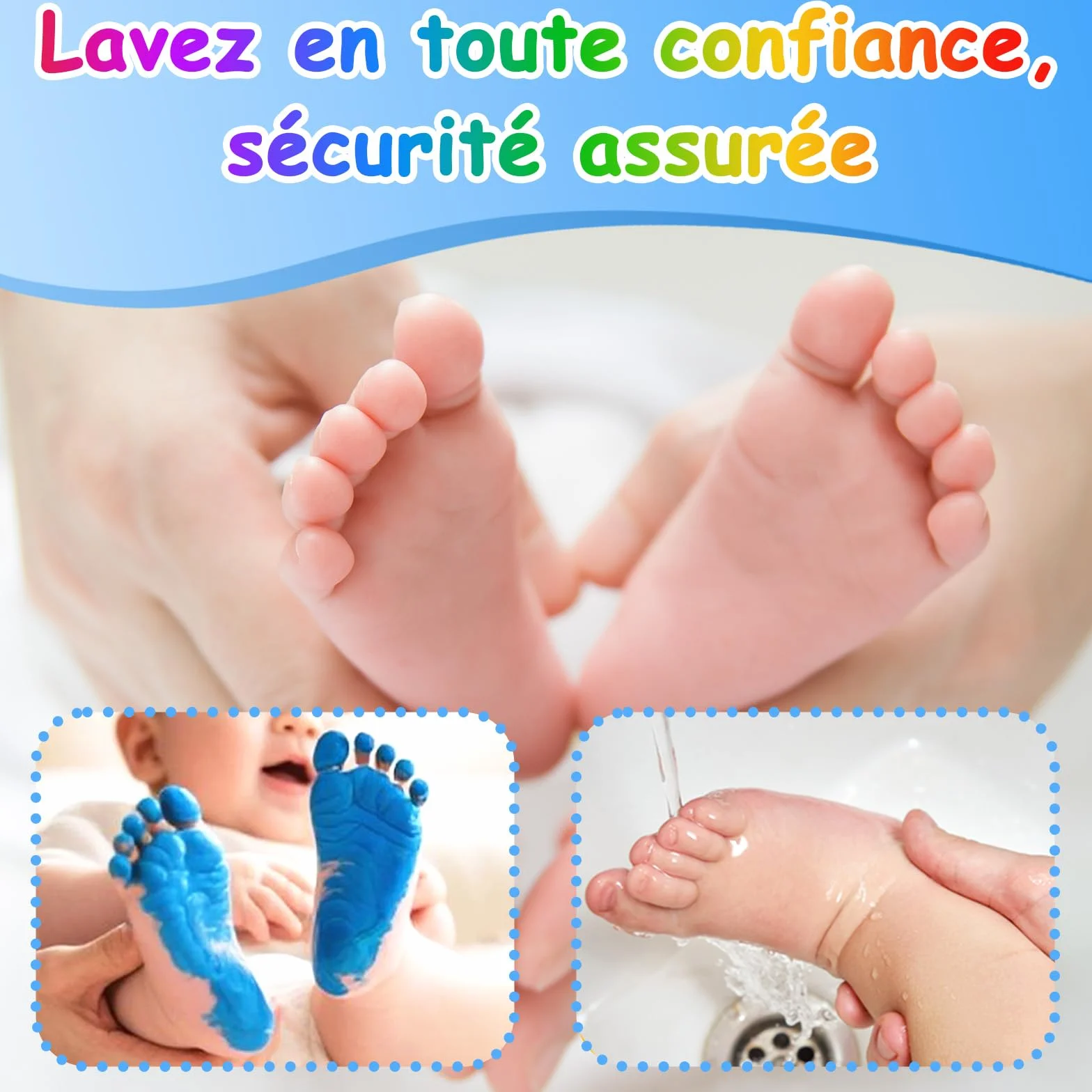 Kit Empreinte Bébé avec Attachement Éponge, Encre Non Toxique Lavable, Cadeau Naissance Souvenir Bébé - Bleu
