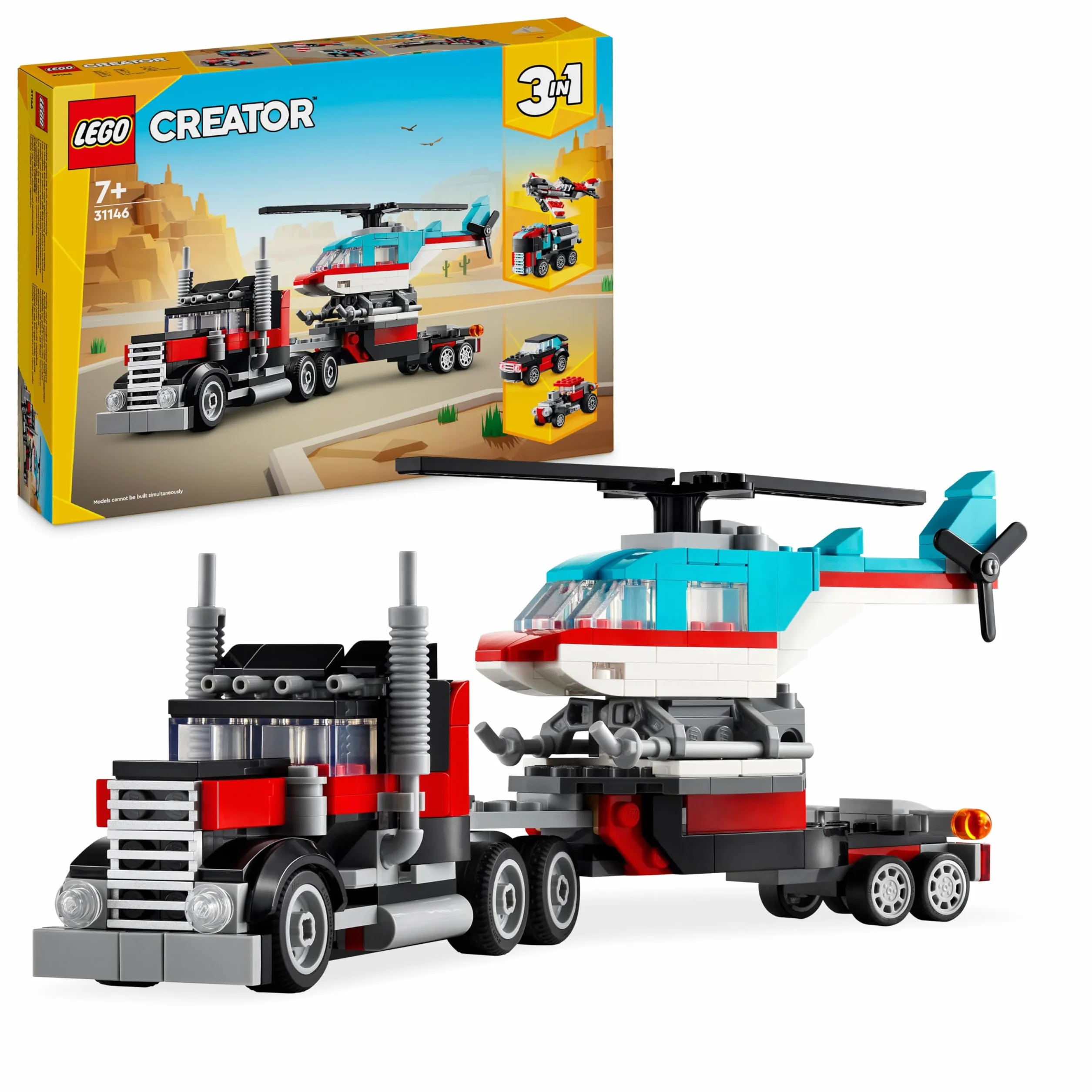 LEGO Creator 3in1 Flatbed Truck with Helicopter Toy to Propeller Plane and Fuel Lorry to Hot Rod and SUV Car Toys 31146 for 7 Plus Year Old Boys Girls