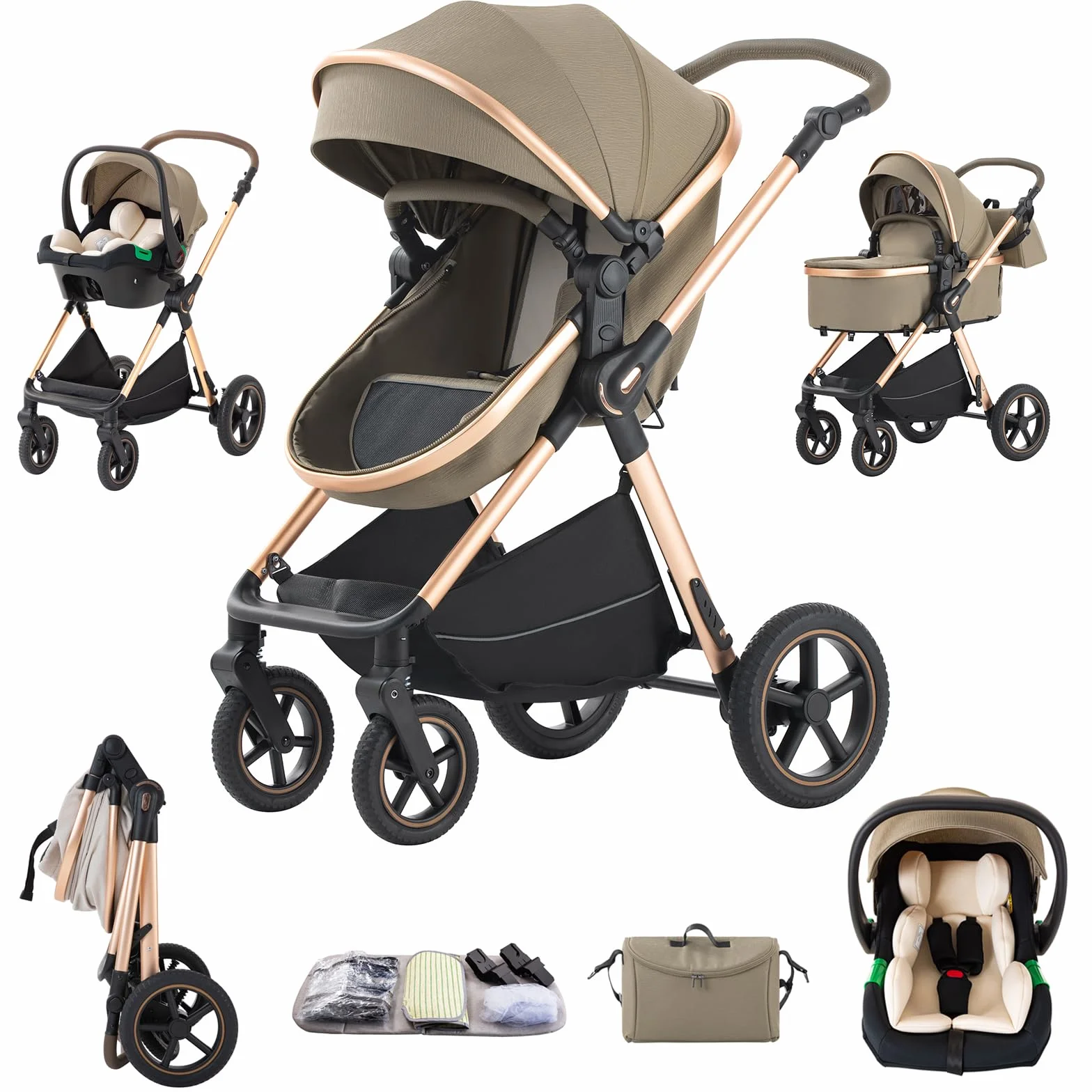 Poussette 3 en 1 Citadine Combinée Tricycle Baby Walker Haute Paysage Landau pour 0-36 mois Pliante Trolley Bébé D2-LIGHT BROWN