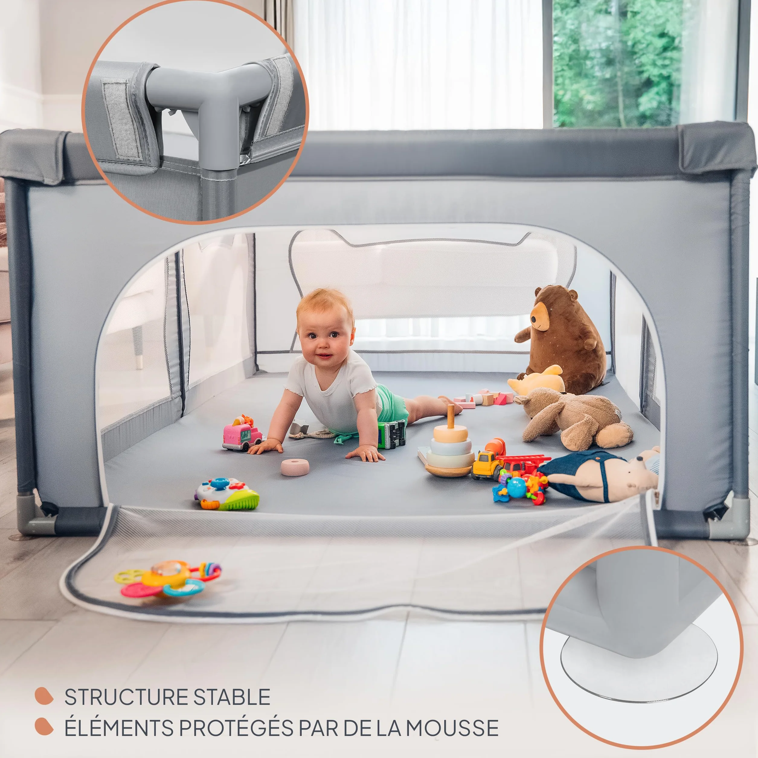 LIONELO WILLOW Parc pliant pour bébé 120x180x68 cm filet respirant 2 entrées zippées Gris
