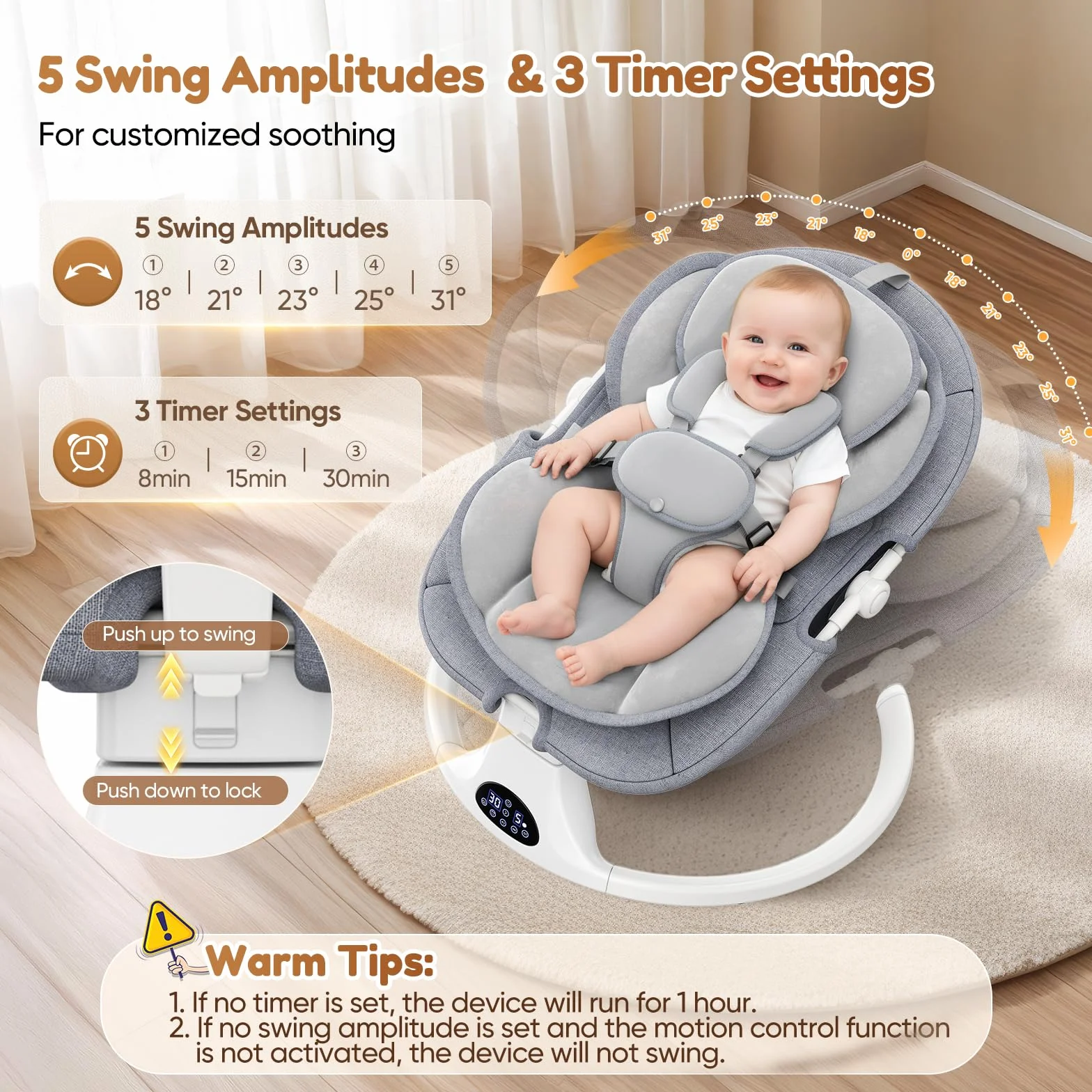 Balancelle Bébé Électrique Réglable avec Coussin Amovible, 5 Vitesses, 12 Mélodies, 3 Minuteries, Gris