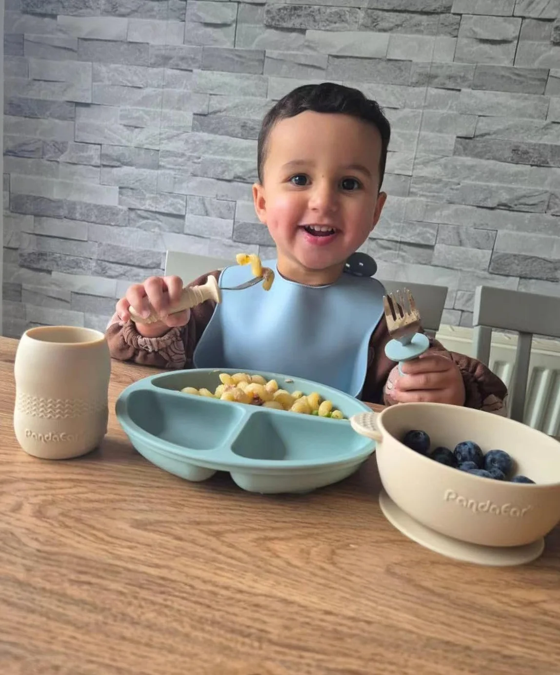 PandaEar Ensemble Repas Bébé Silicone - 2 Assiettes 2 Bols 2 Gobelets 2 Cuillères 2 Fourchettes Bleu Blanc