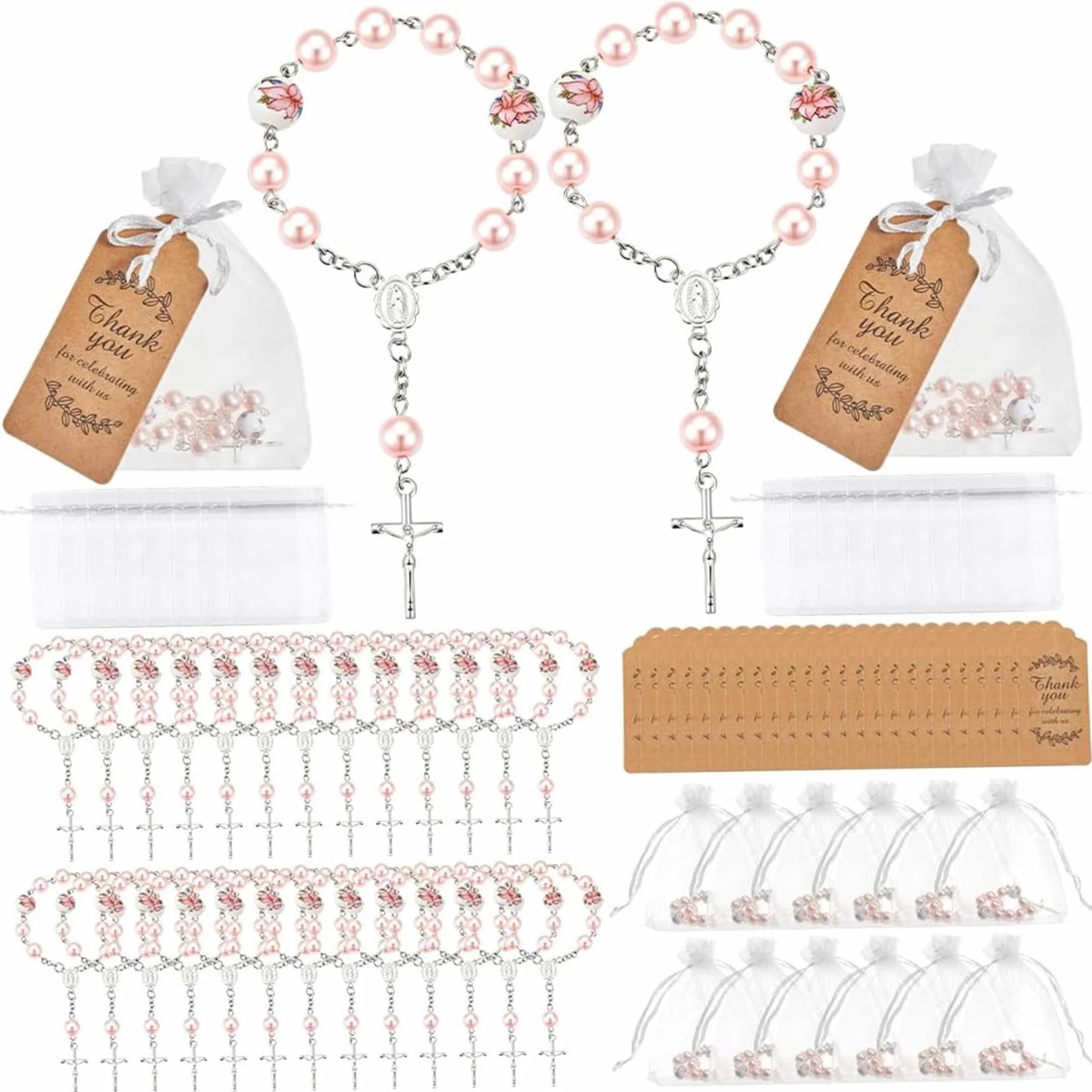 Chapelet de baptême 50 pièces perles fleurs céramique pendentif croix 2 pouces