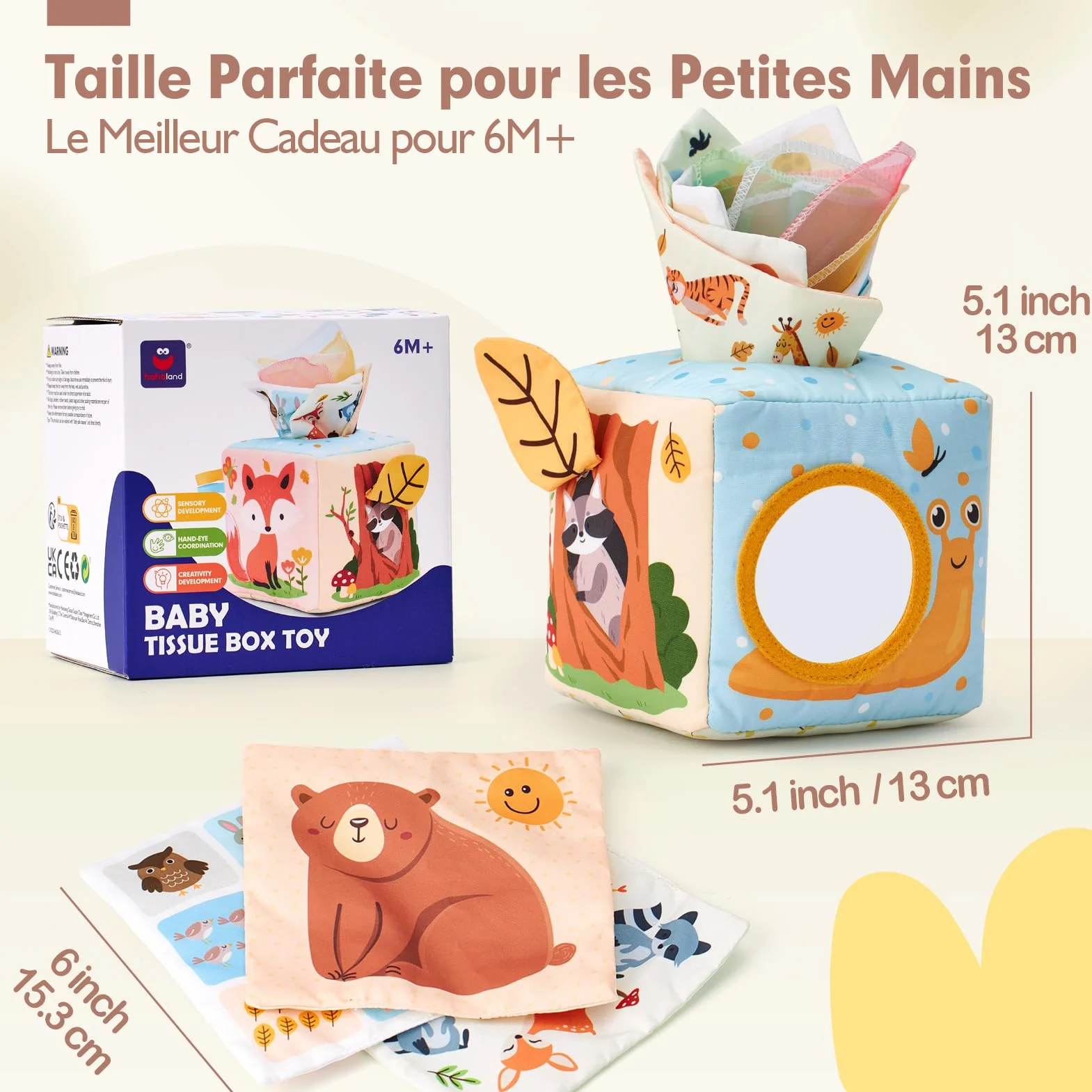 hahaland Jouet Bébé Boîte à Mouchoirs Sensoriels Montessori avec Papiers Froissés et Miroir, Cadeau pour Fille Garçon 3-12 Mois
