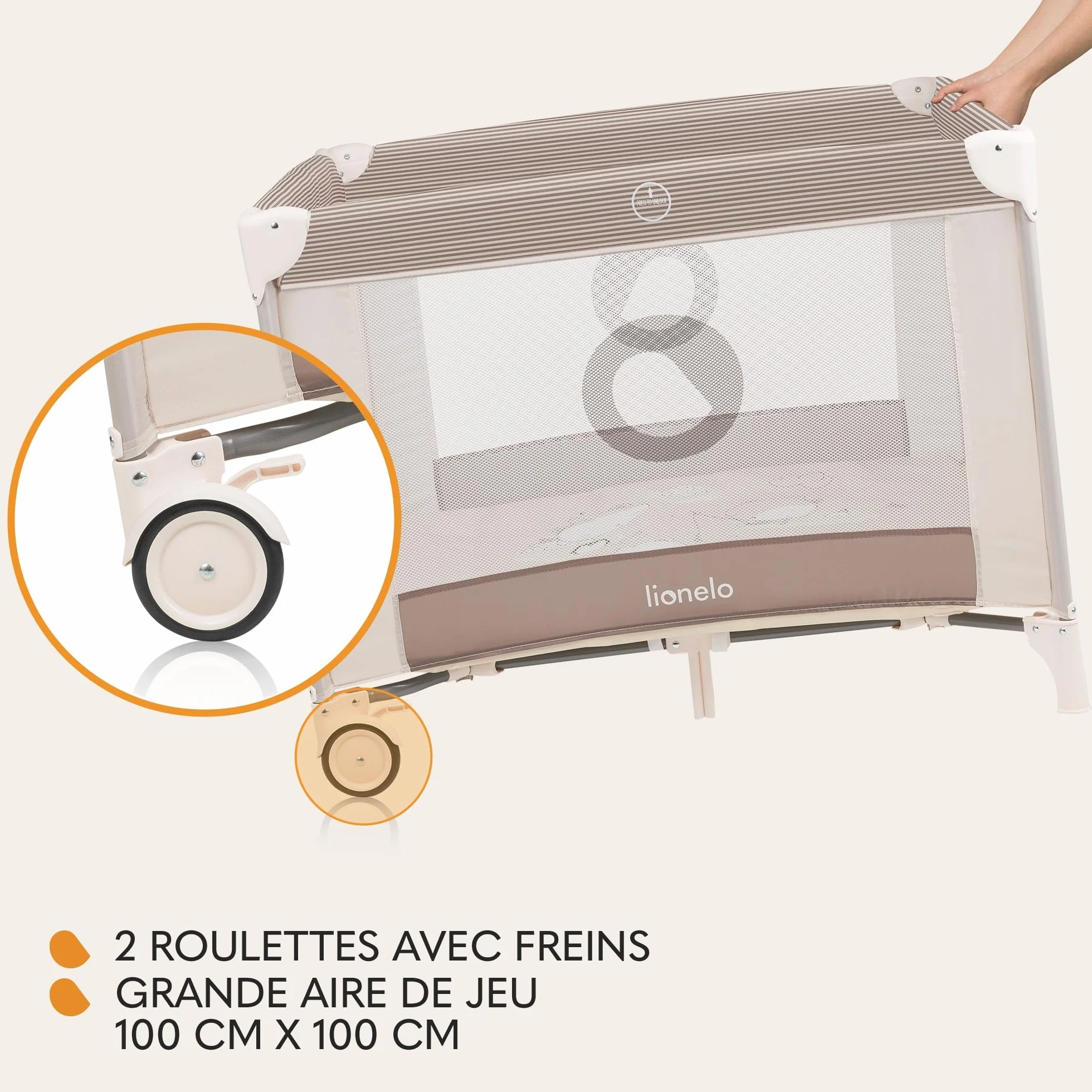 LIONELO BONNIE Parc Bébé 15 kg Naissance 36 mois Accès Latéral Zippé Filets Latéraux Aérés Pliage Rapide Roues Freinées Sac Transport Beige