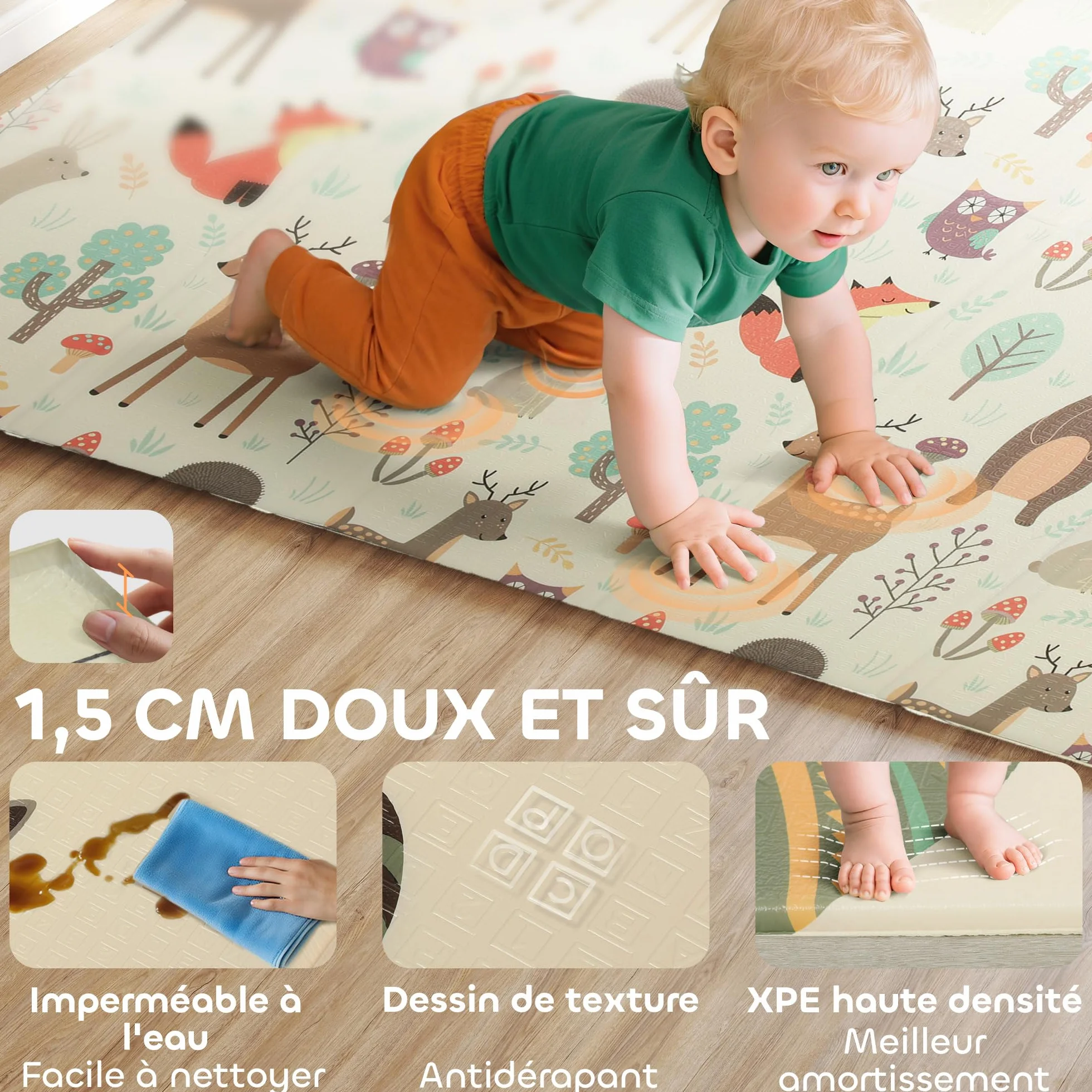 AIYAPLAY Tapis de jeu bébé pliable réversible 196 x 176 x 1,5 cm mousse épais antidérapant imperméable motif animaux