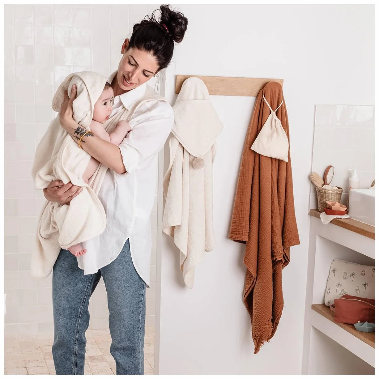 Cape de bain tablier XXL Parent/Bébé en viscose 100x100 cm Rose