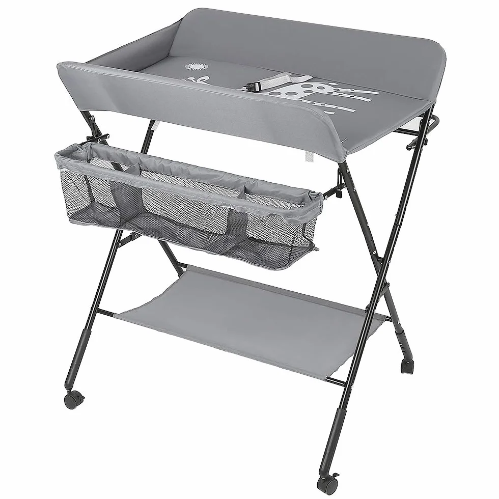 Table à langer pliante avec panier de rangement, ceinture de sécurité et 4 roues freinées, réglable en hauteur 74 x 63 x 92-98 cm Gris