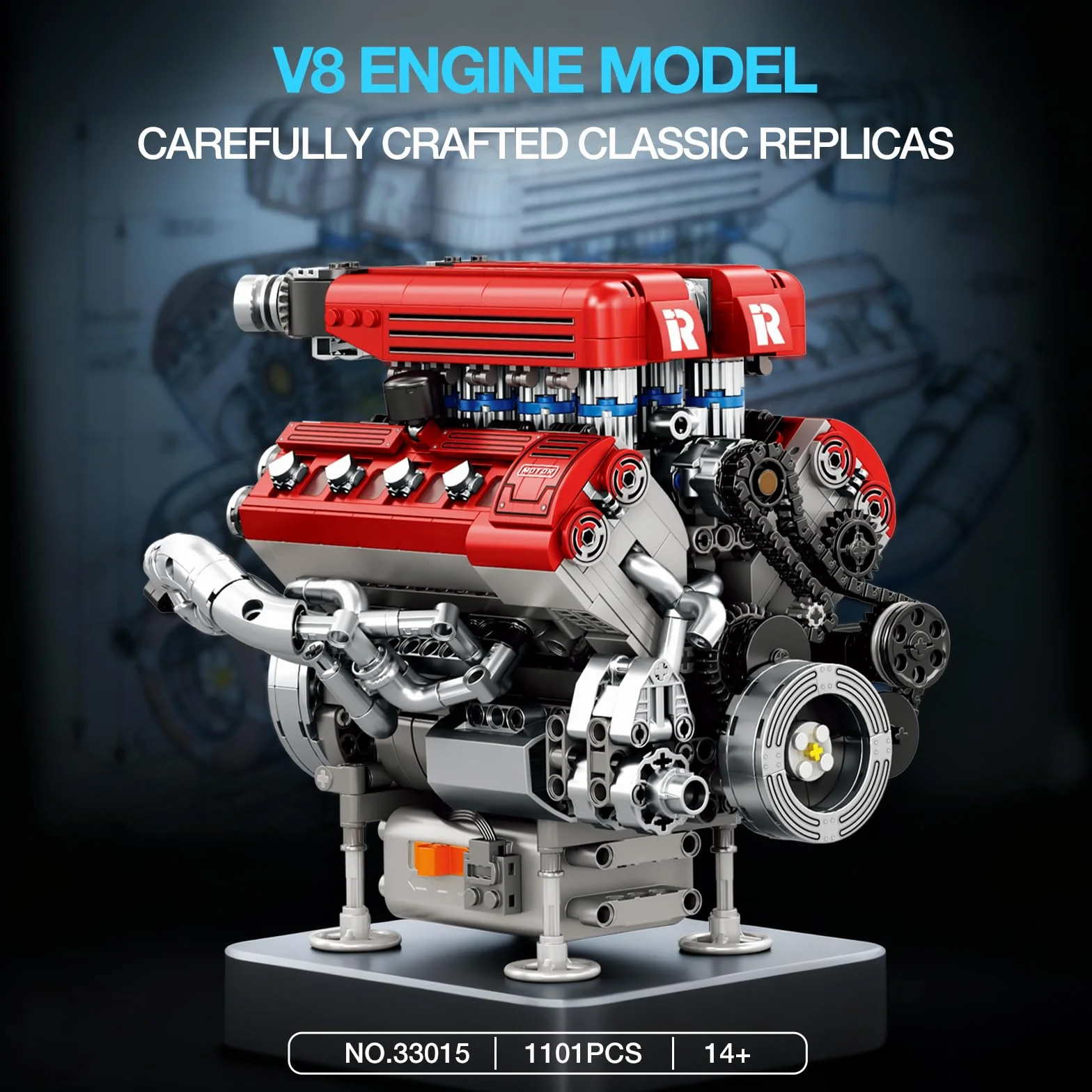 Reobrix 33015 Maquette Moteur V8 pour Adultes, Kit de Construction Mécanique 1101 Pièces avec Mouvement Réaliste des Pistons