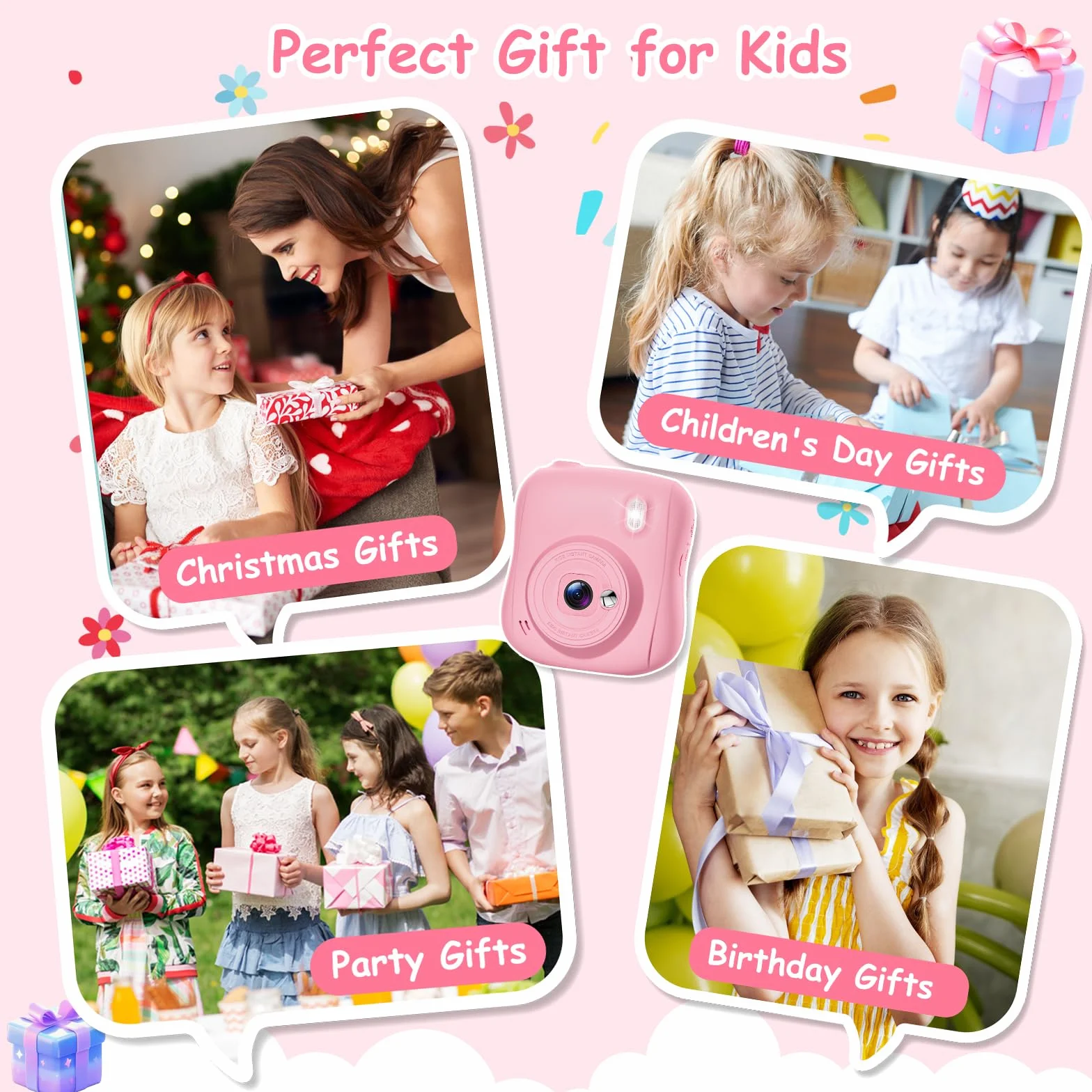 Appareil Photo Instantané Enfant 2,0 Pouces Écran HD avec Carte 32GB et 3 Rouleaux Papier Impression Cadeau Jouet Garçons Filles 3-10 Ans Rose
