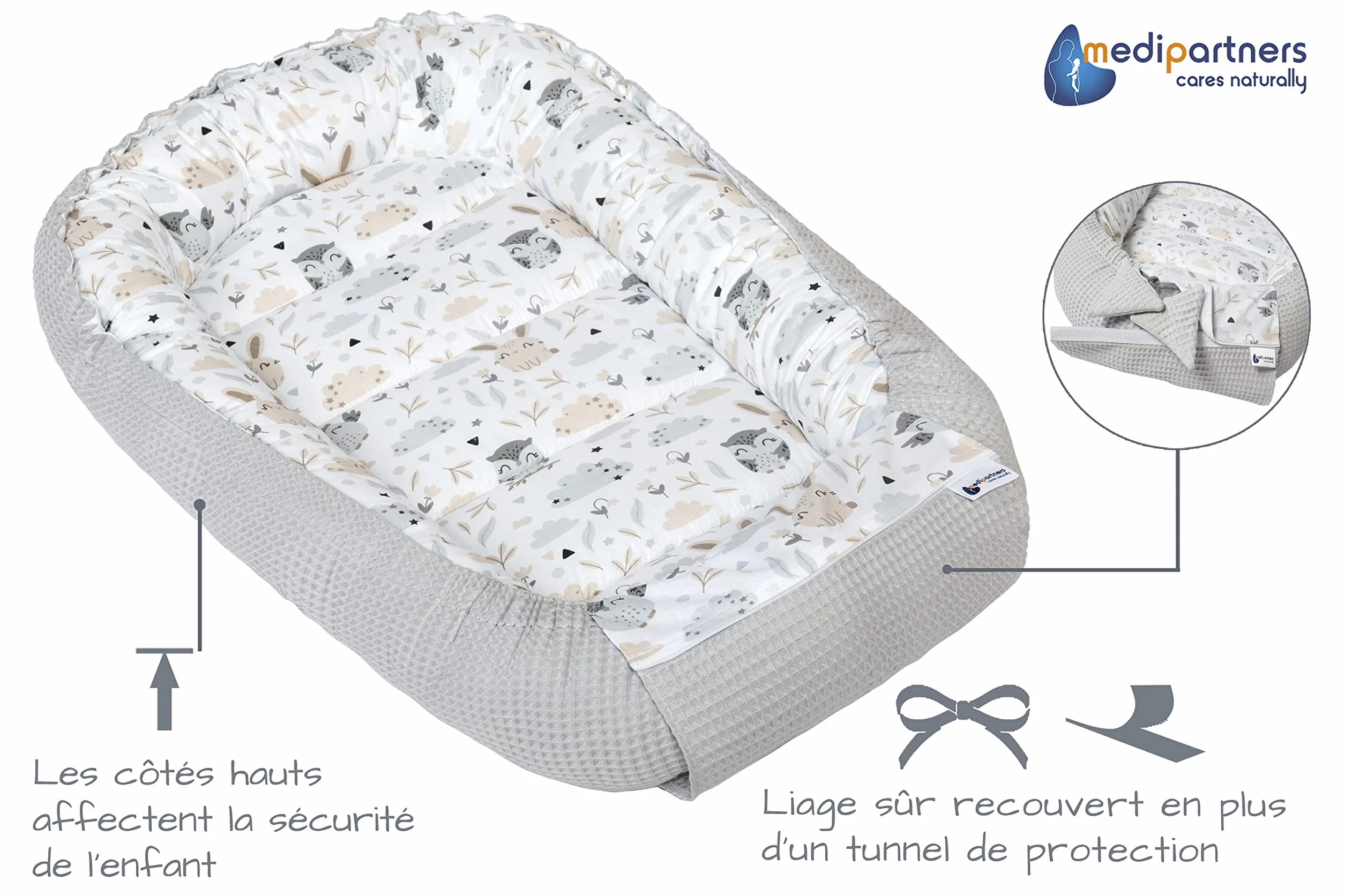 Réducteur de Lit Bébé 100x60x15cm Cocon Naissance Couffin Nid d'Ange 100% Coton Gaufre Gris
