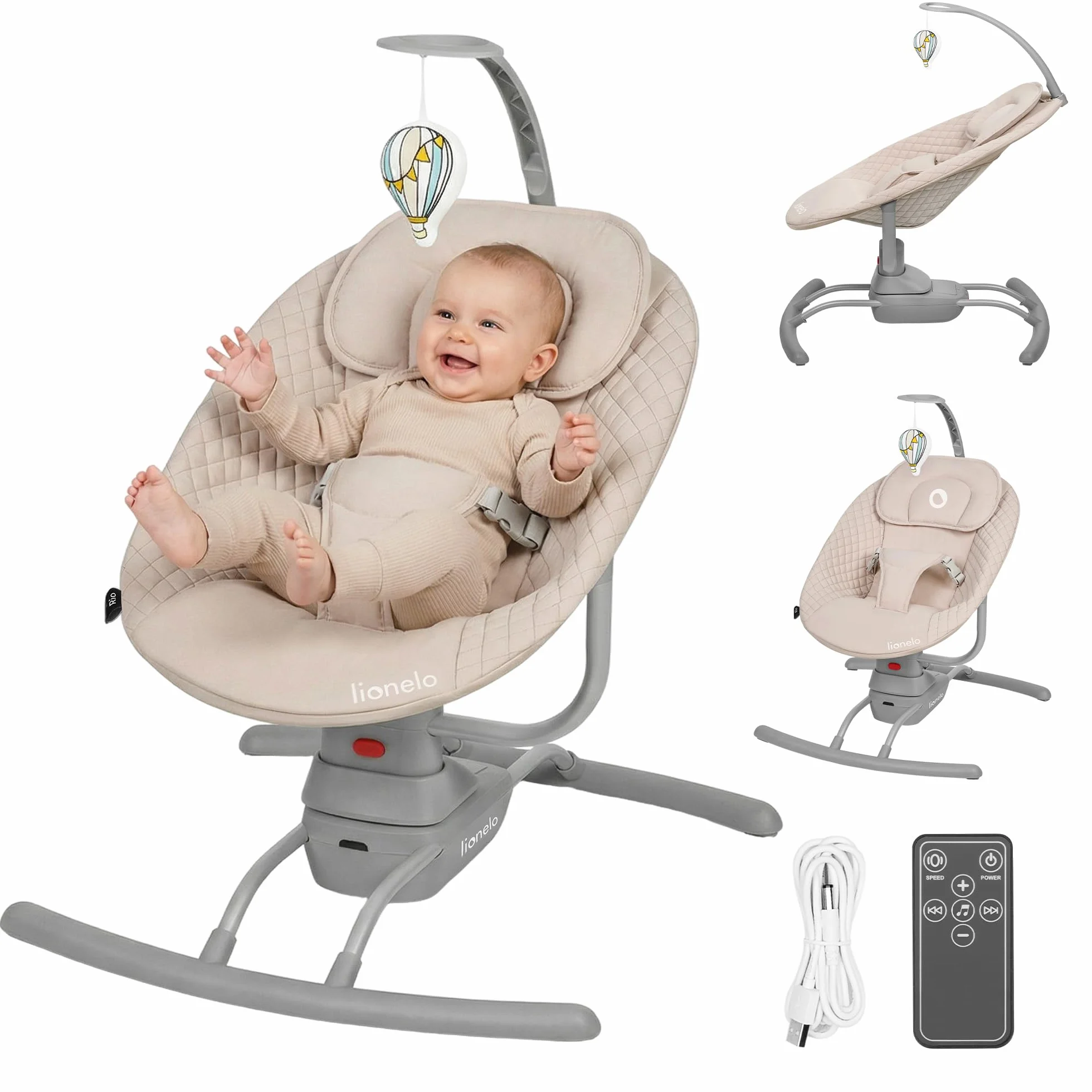 LIONELO RIO Transat Balancelle Électrique Bébés 9 kg Dossier Réglable 3 Vitesses Balancement