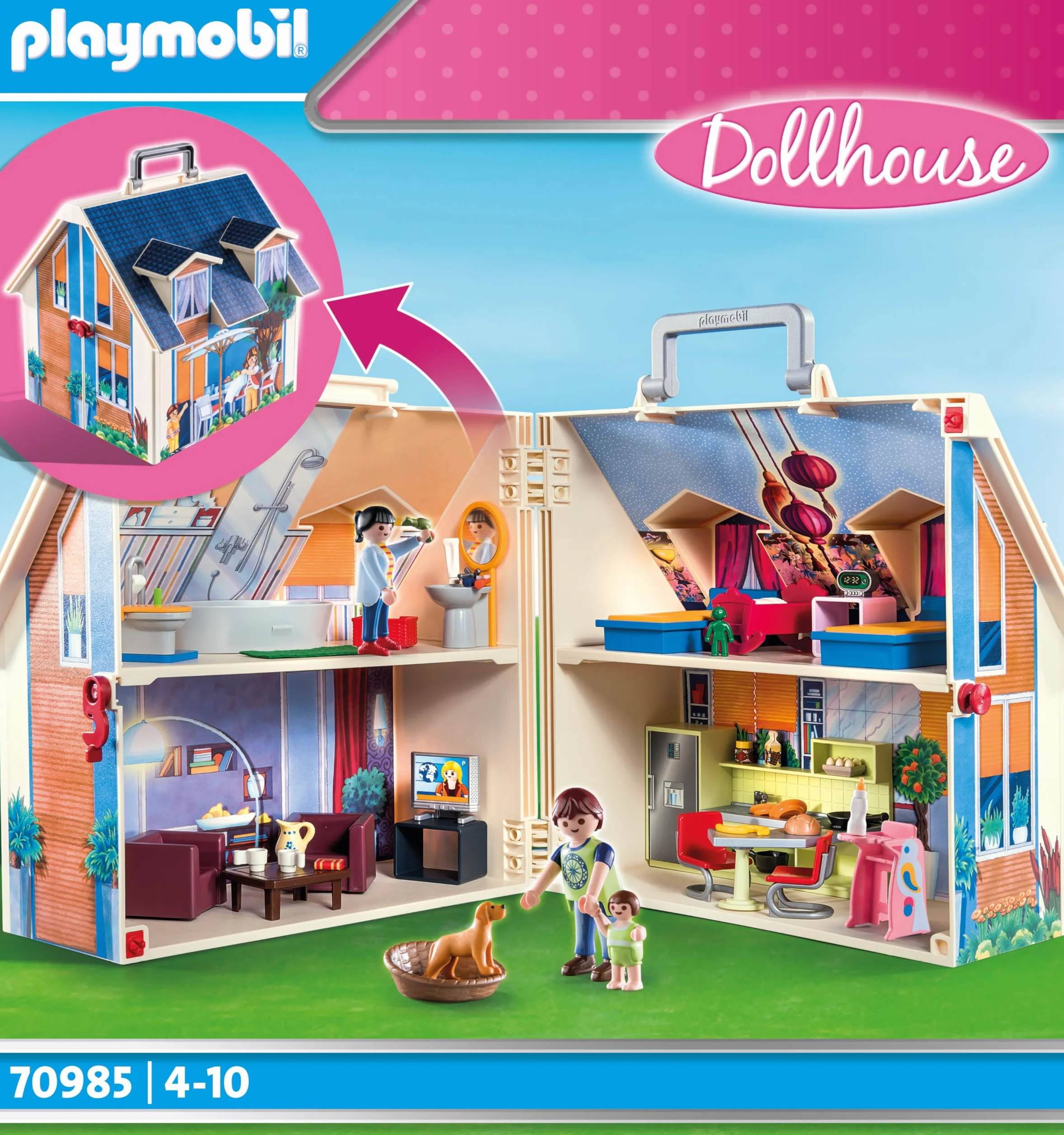 Playmobil 70985 Maison Transportable - Dollhouse avec Trois Personnages, Salle de Bains, Chambre, Salon et Cuisine - Dès 5 Ans