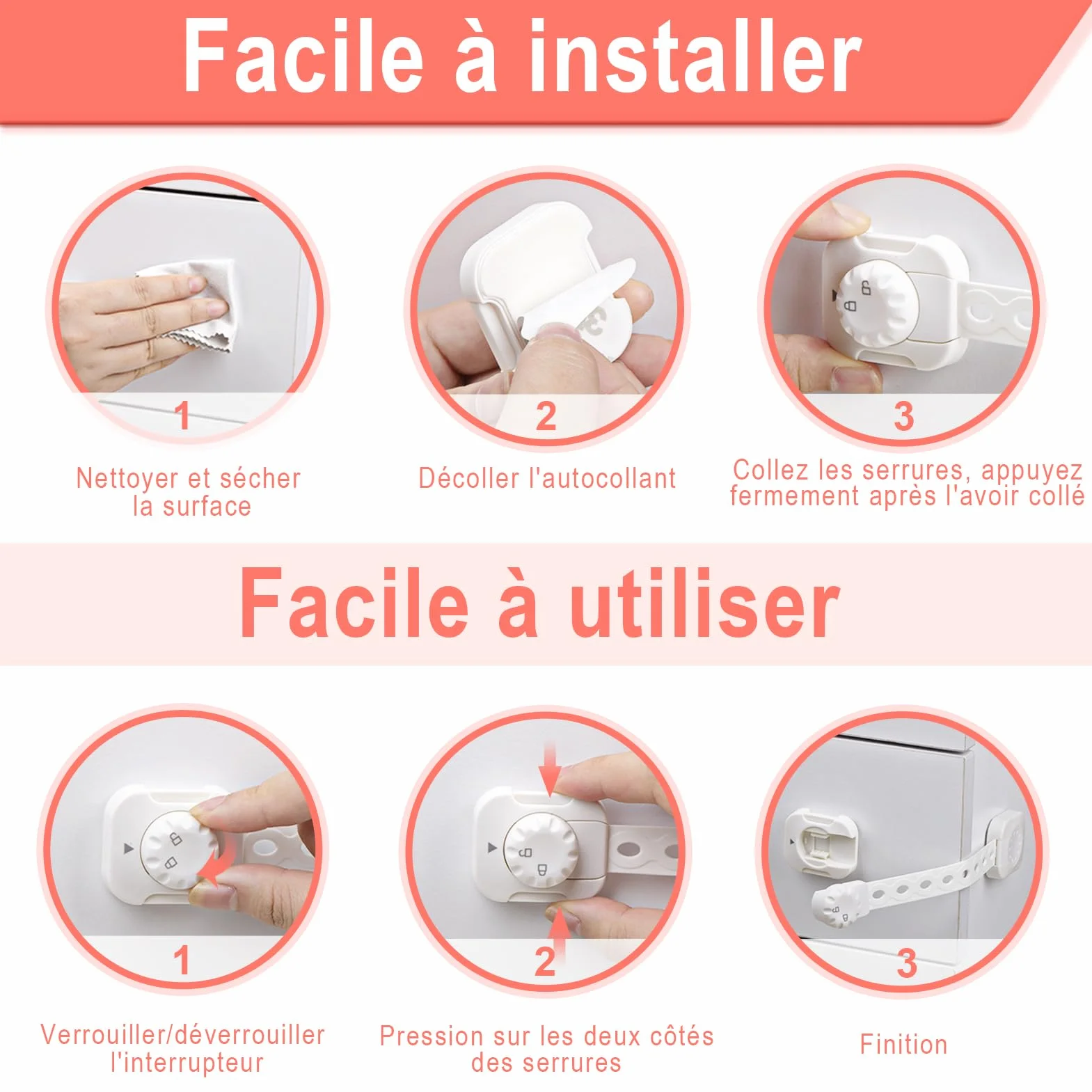 REDTRON Lot de 6 Bloque tiroir sécurité enfant bébé, Verrouillage amélioré, Blanc, sans outil pour tiroir four toilettes réfrigérateur