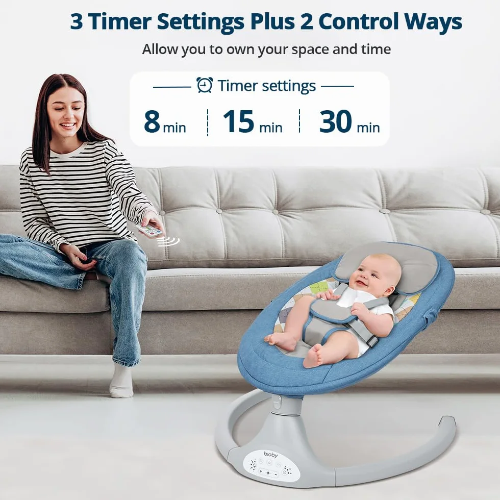 Bioby Balancelle Bebe Electrique Transat Bebe Harnais 5 Points 5 Modes Balancement Pliable Bluetooth Telecommande Bleu
