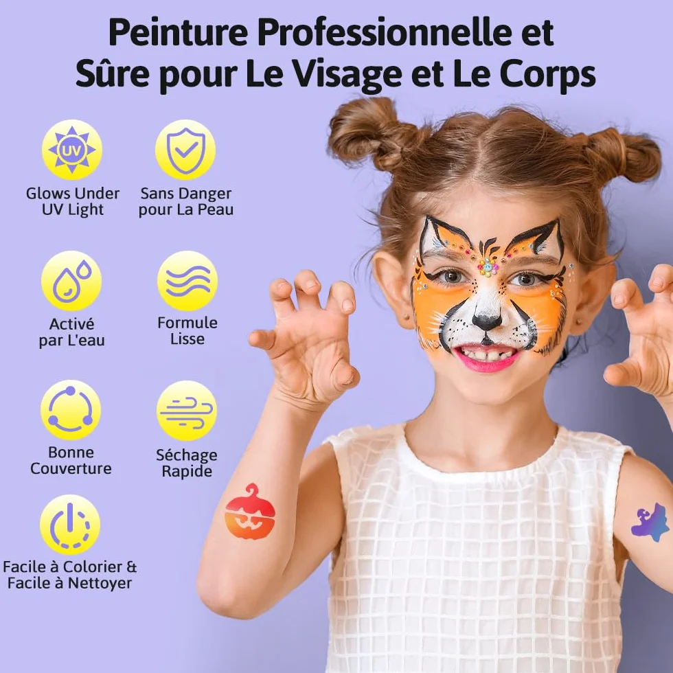 Janolia Palette Maquillage Enfant 34 Couleurs Fluorescents UV Peinture Visage avec 3 Pinceaux Kit Maquillage Carnaval Halloween