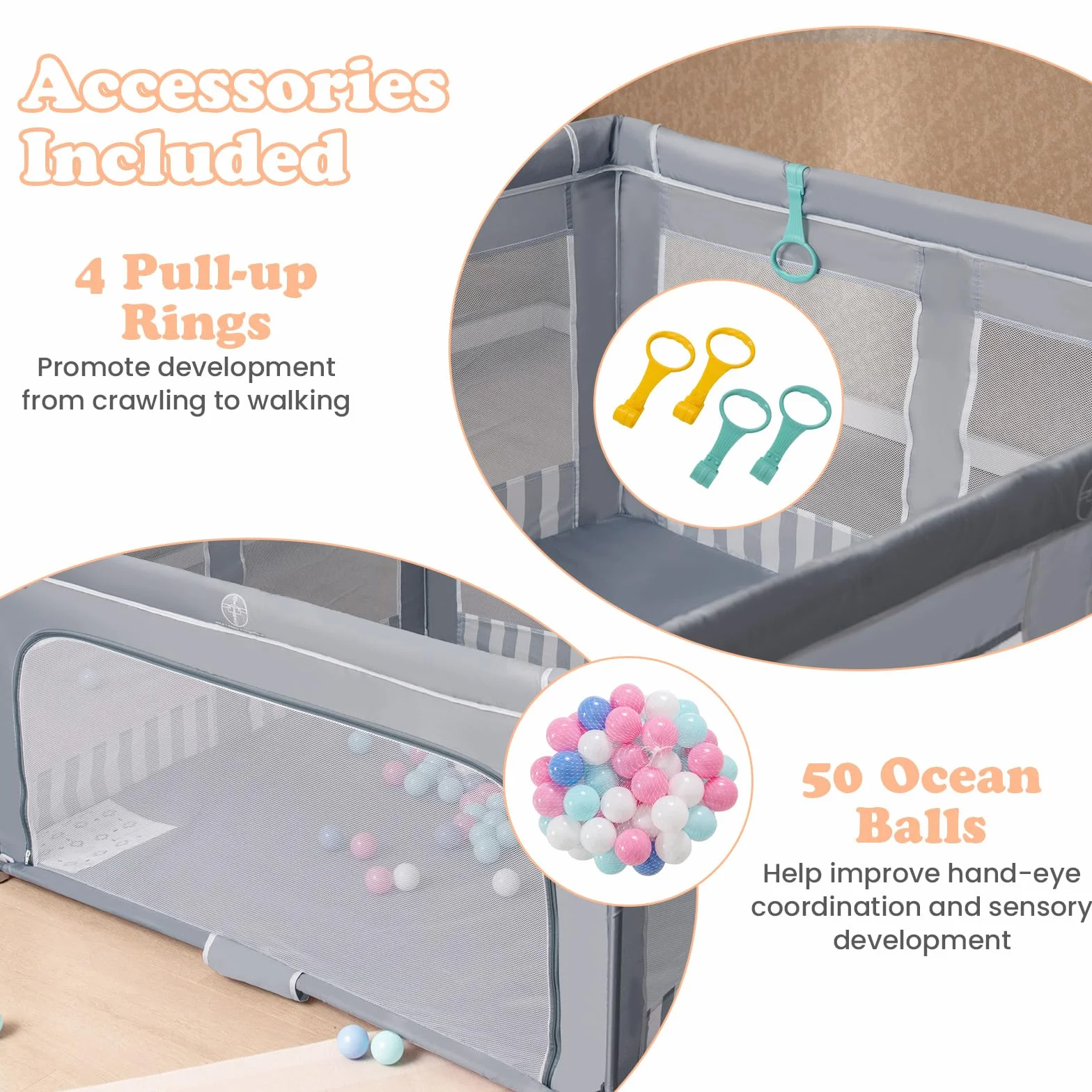 LIFEZEAL Parc Bébé Pliable 150 x 150 x 76,5 cm avec 4 Anneaux, 50 Boules, Tissu Oxford Gris