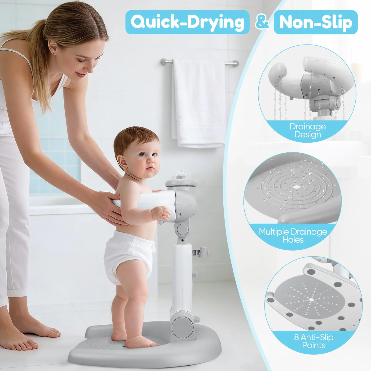 Support de douche réglable pour enfants 2 en 1 pliable avec tabouret