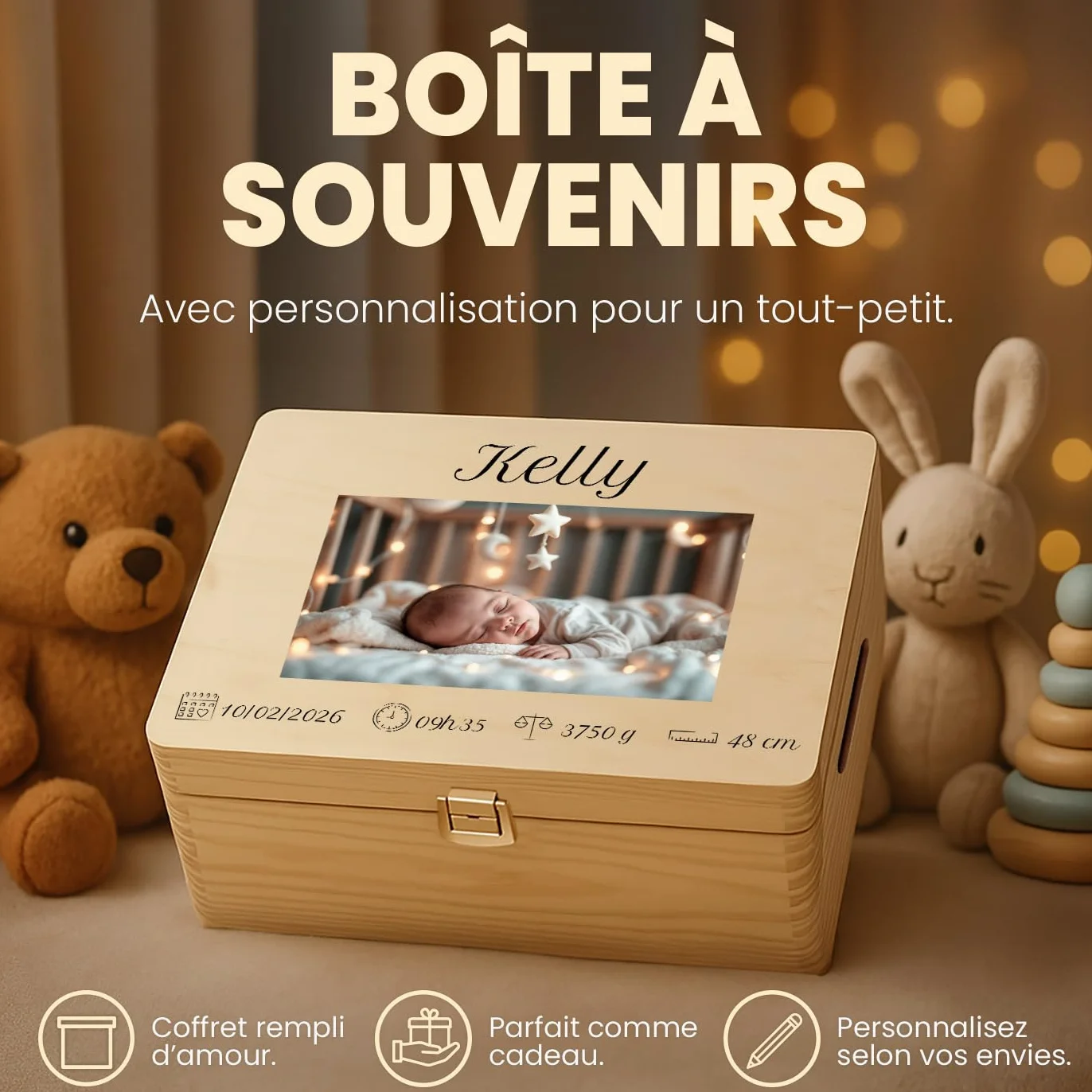 Maverton Boite de Rangement Personnalisable en Bois de Pin Naturel pour Bebe - Cadeau Naissance L/XL