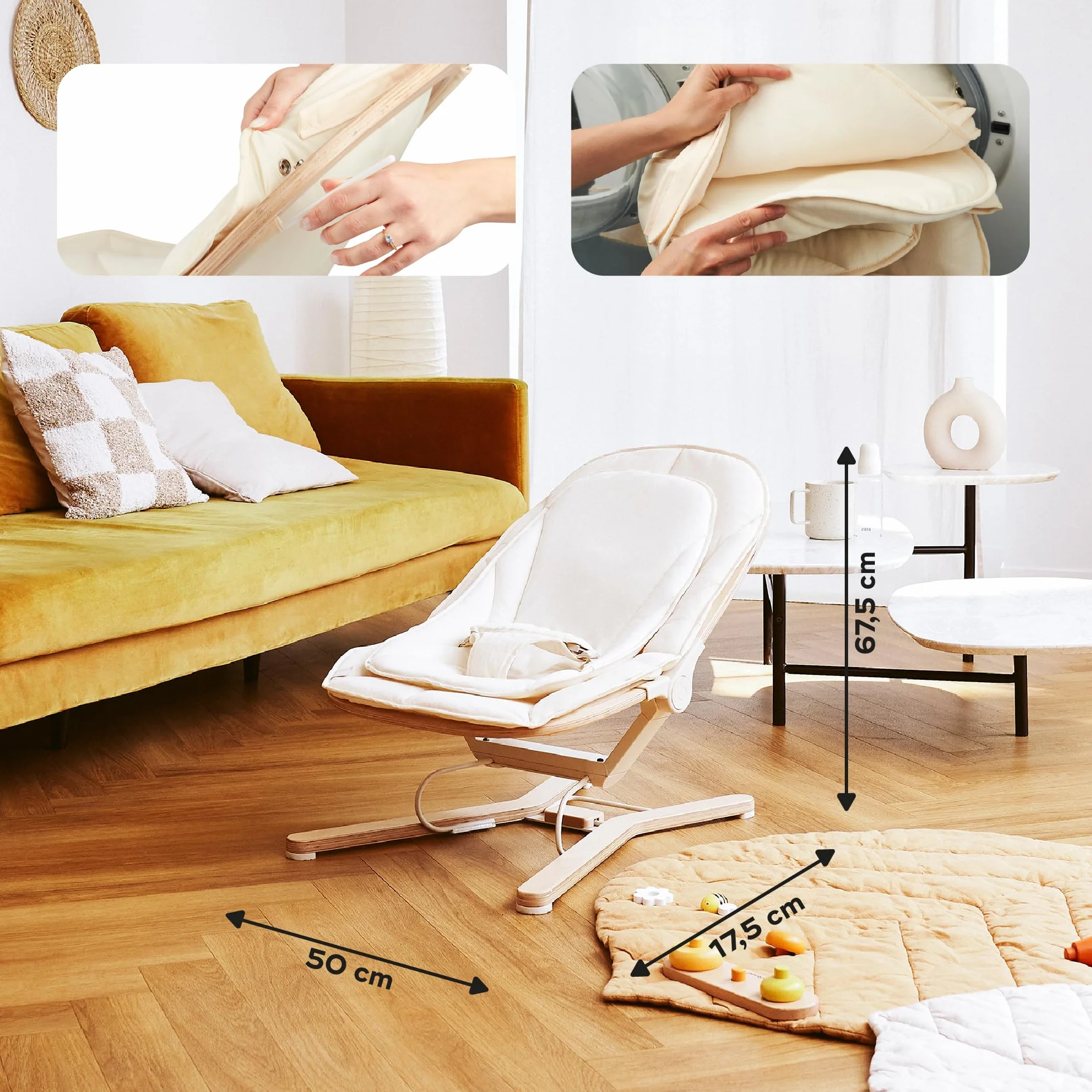 Babymoov Transat Bébé Bois Swoon Flow Évolutif Fauteuil Enfant 18kg Balancement Naturel 3 Positions Dossier Coton Bio Bois FSC