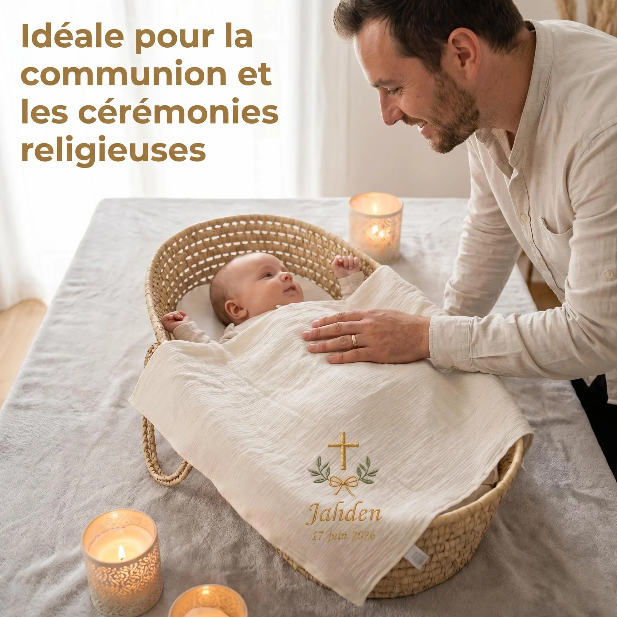 Couverture de Baptême Bébé Personnalisée en Coton Gaze Doux, Broderie Élégante, Style Français – Coffret Cadeau