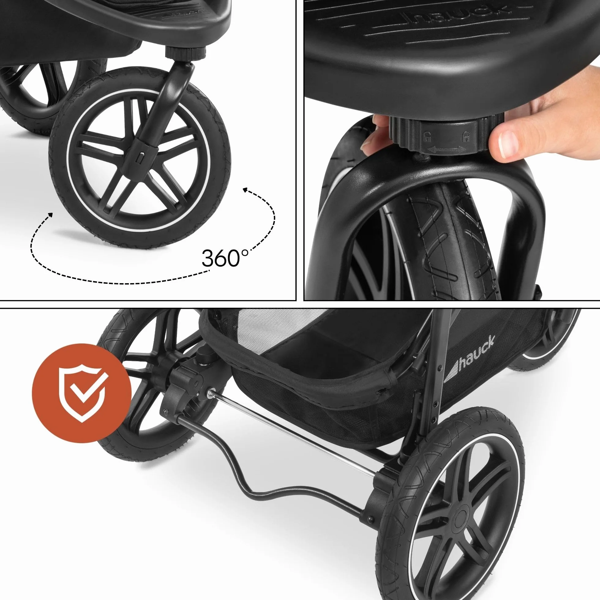 Hauck Poussette 3 Roues Rapid 3R, Pneus Caoutchouc, Suspension, Position Allongée, 22 kg, Protection UV 50+, Pliable, Guidon Réglable, Noir