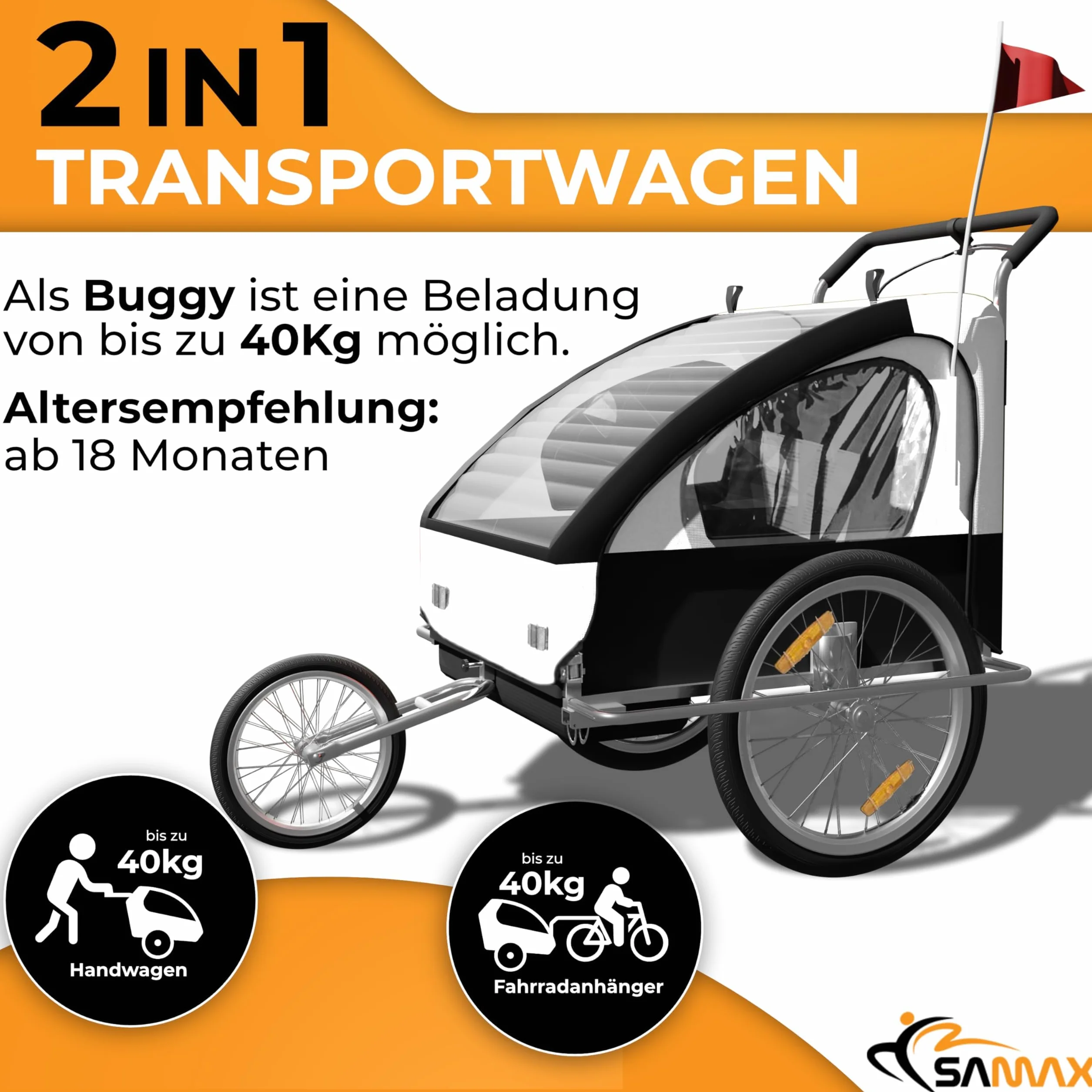 CONVERTIBLE JOGGER REMORQUE VELO 2EN1 JUSQU'A 2 ENFANTS AMORTISSEUR